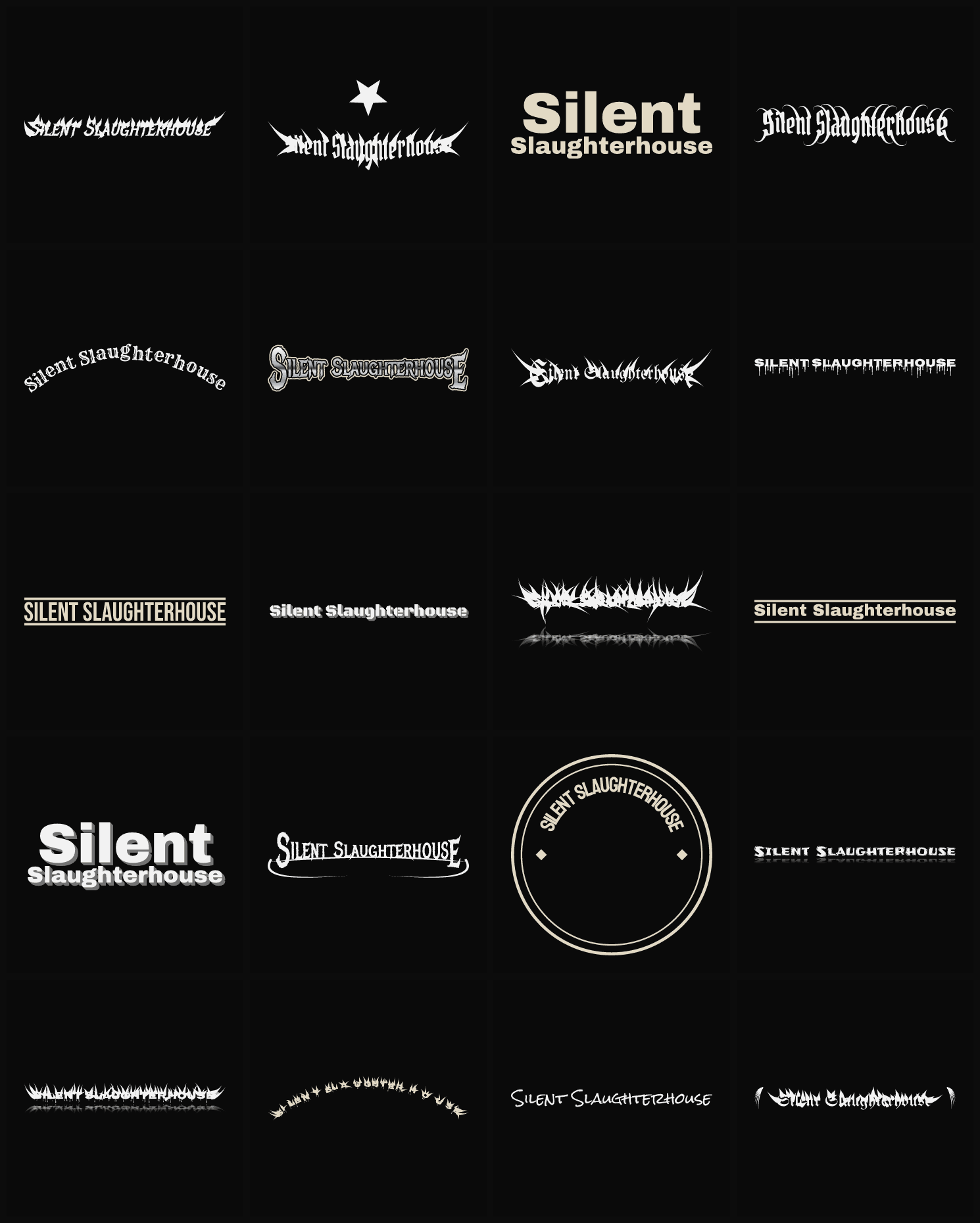 Twenty Silent Slaughterhouse band logo ideas — different faces, treatments and spike settings
