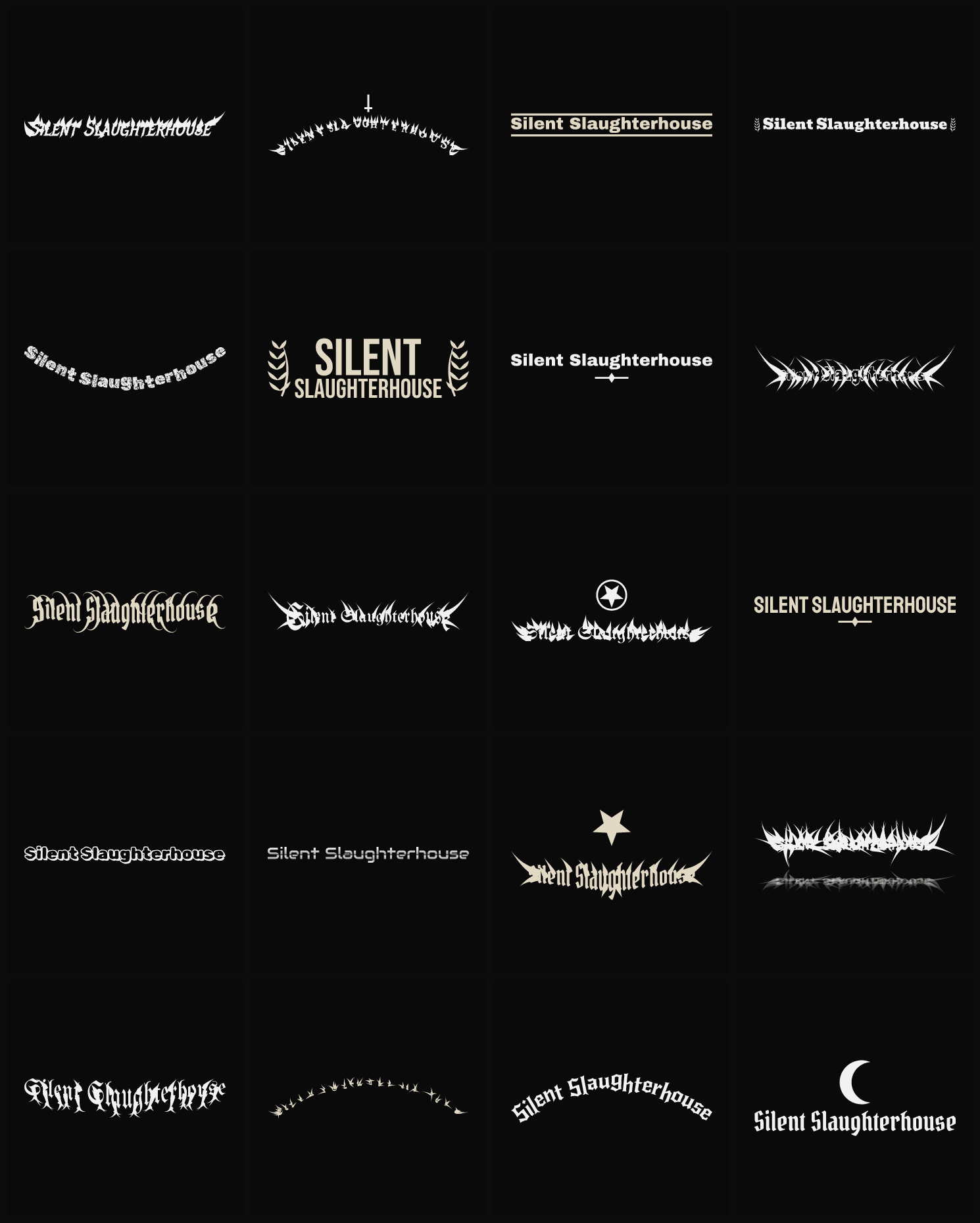 Twenty Silent Slaughterhouse band logo ideas — different faces, treatments and spike settings
