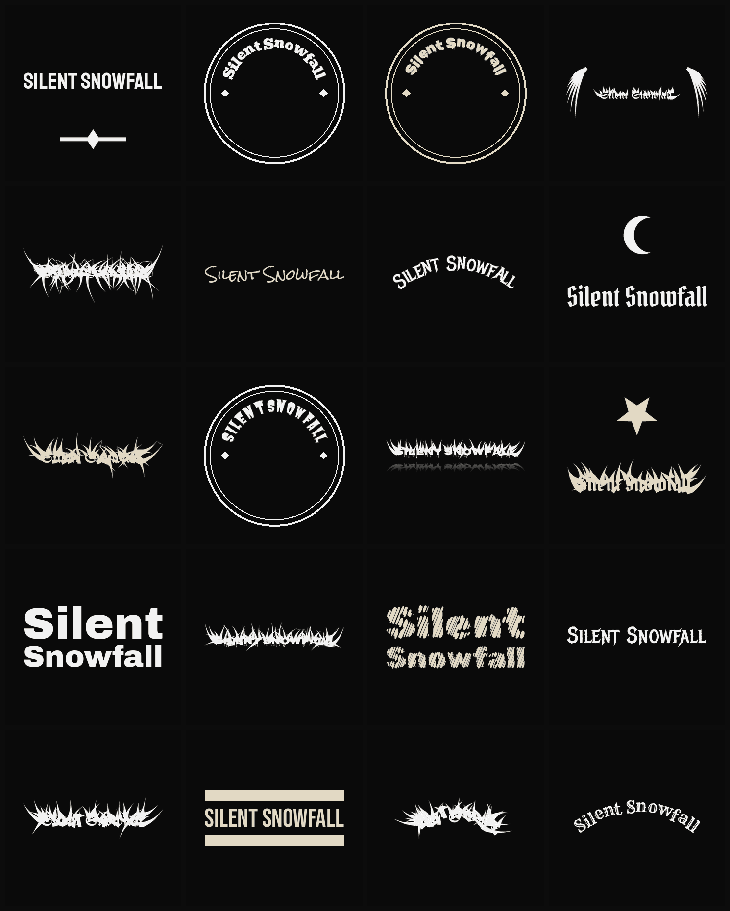 Twenty Silent Snowfall band logo ideas — different faces, treatments and spike settings