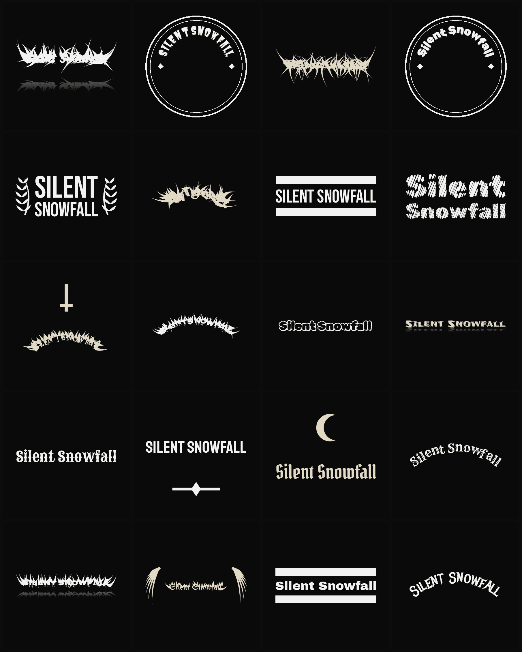 Twenty Silent Snowfall band logo ideas — different faces, treatments and spike settings