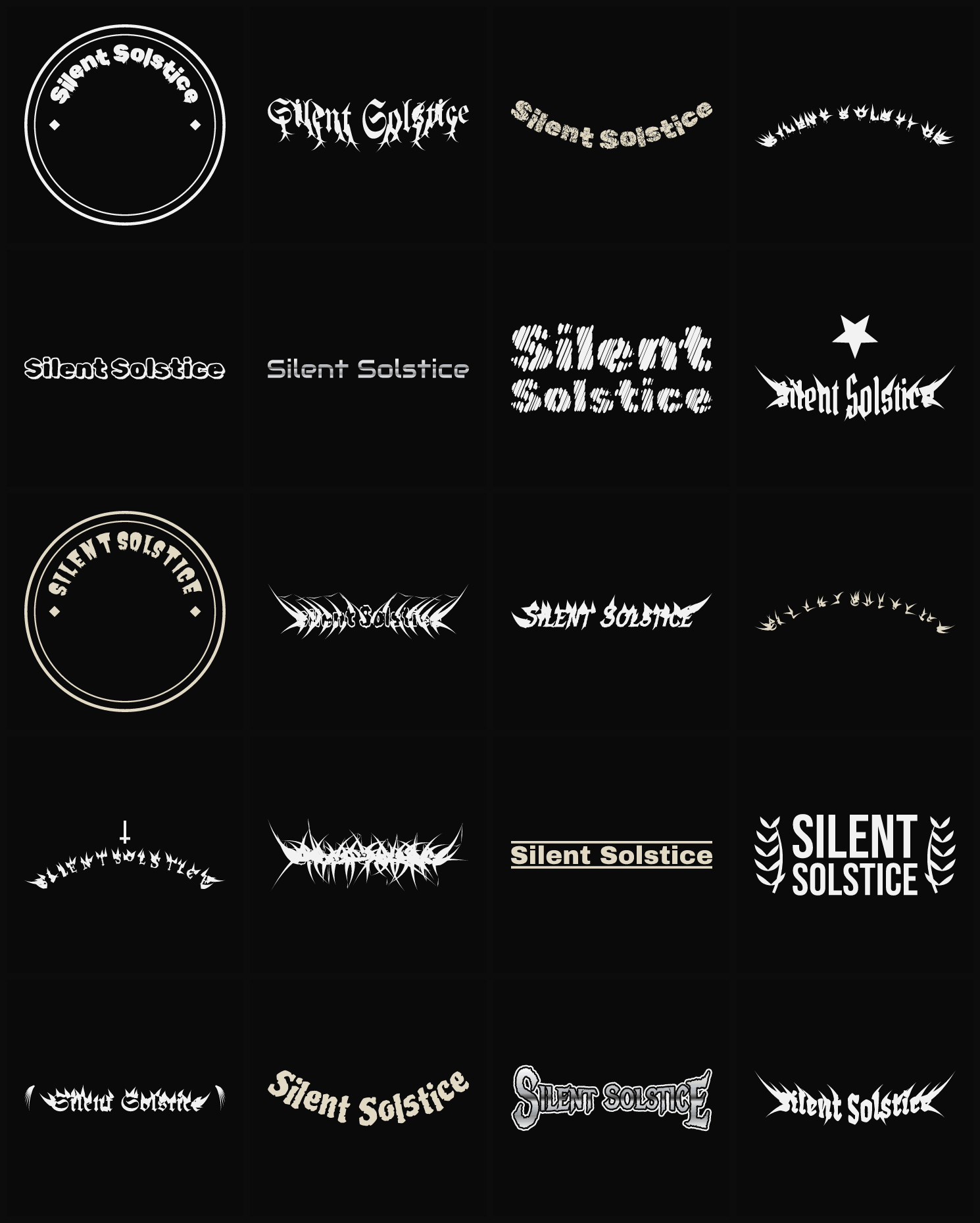Twenty Silent Solstice band logo ideas — different faces, treatments and spike settings