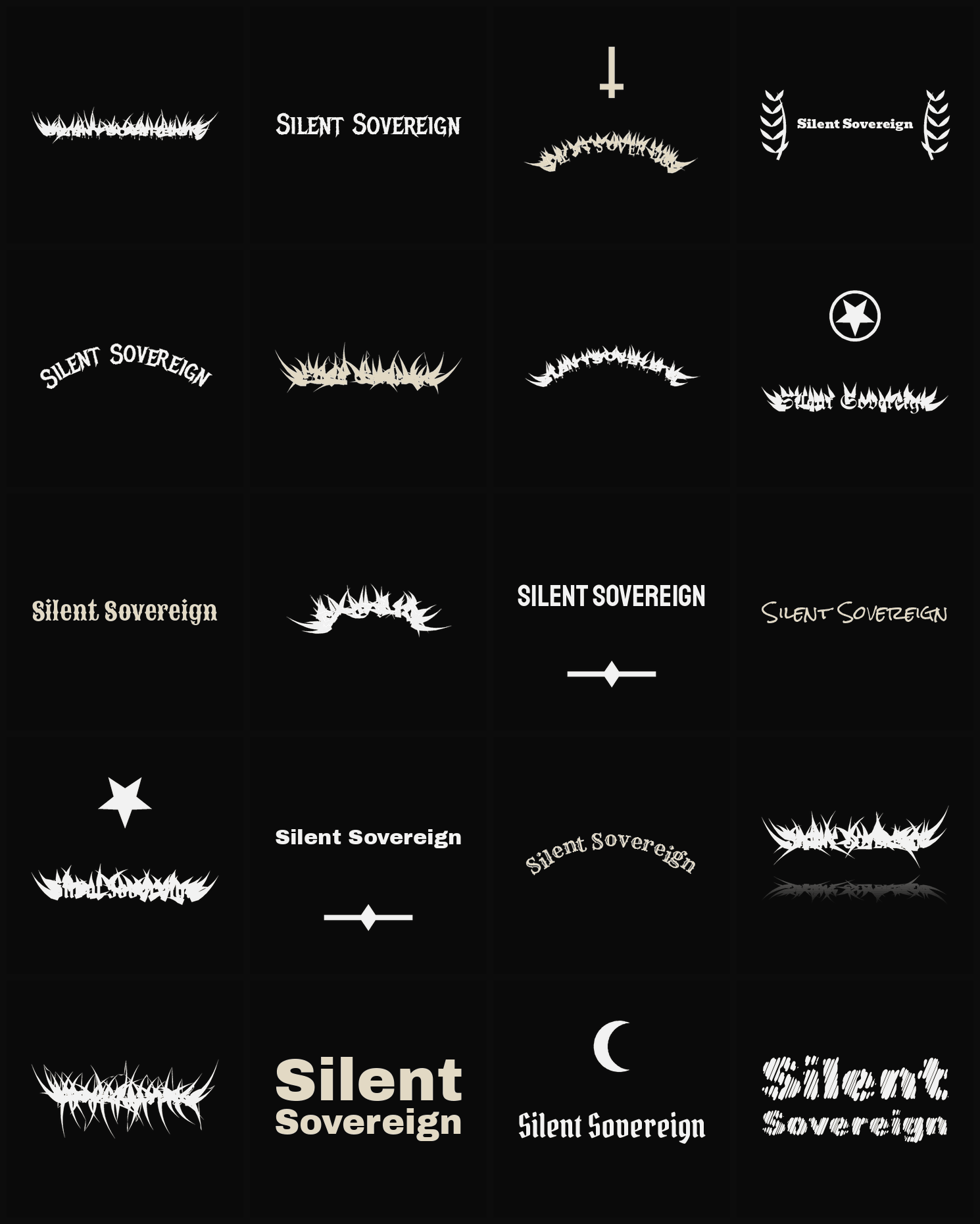 Twenty Silent Sovereign band logo ideas — different faces, treatments and spike settings