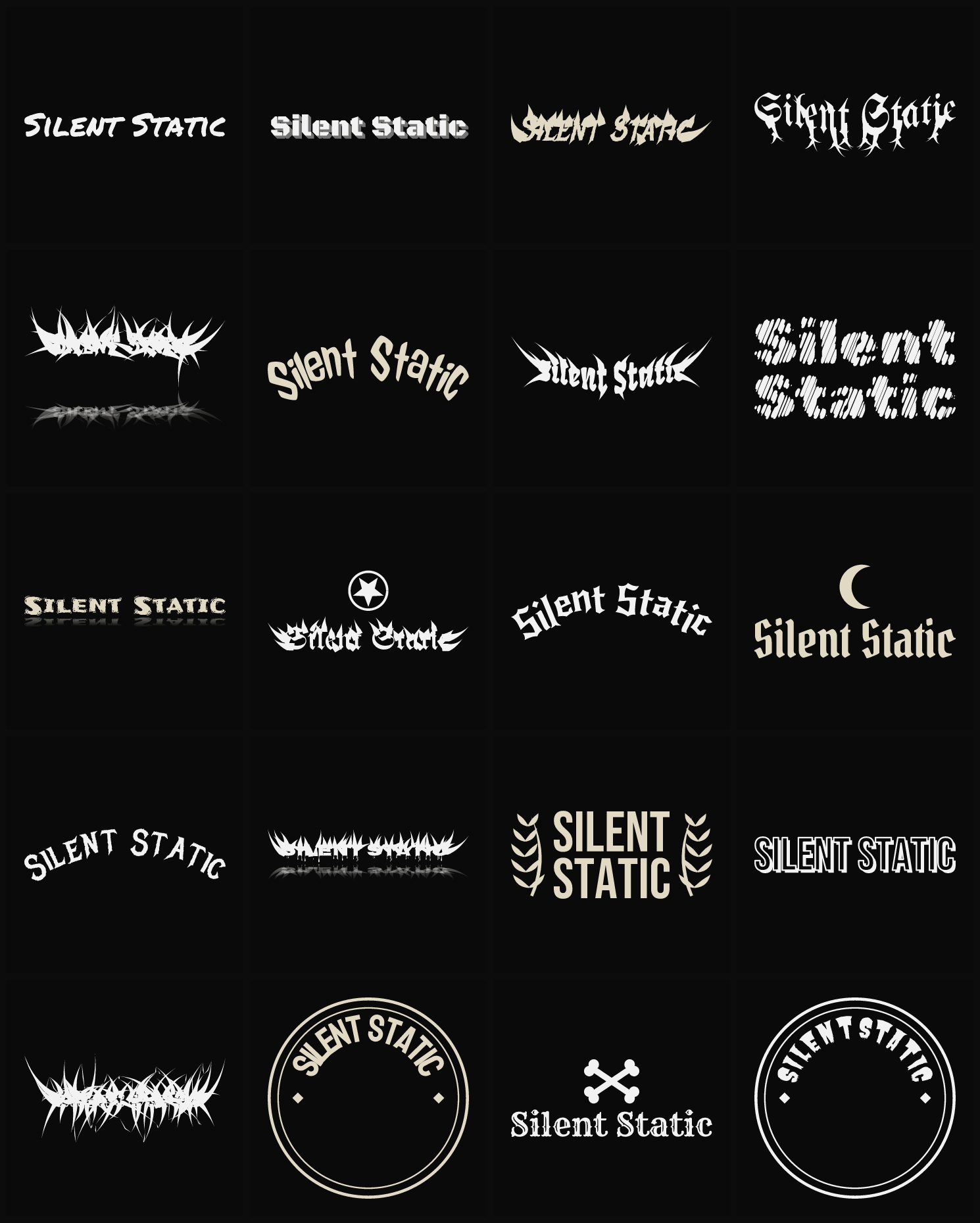 Twenty Silent Static band logo ideas — different faces, treatments and spike settings