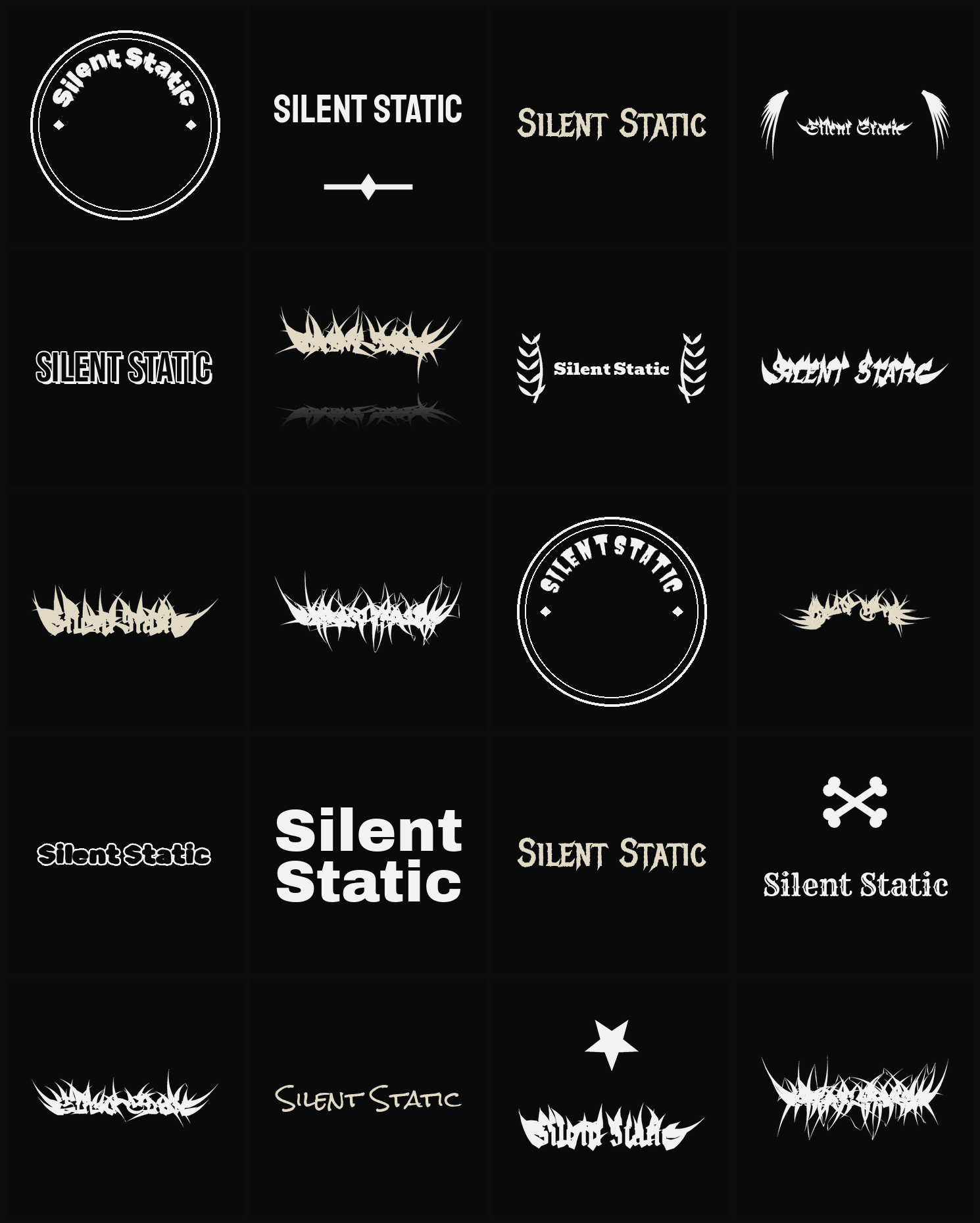 Twenty Silent Static band logo ideas — different faces, treatments and spike settings