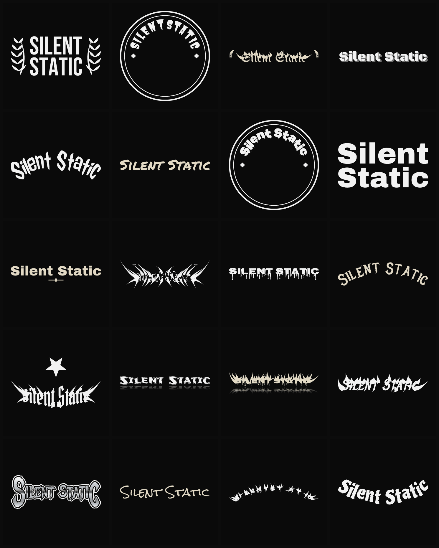 Twenty Silent Static band logo ideas — different faces, treatments and spike settings