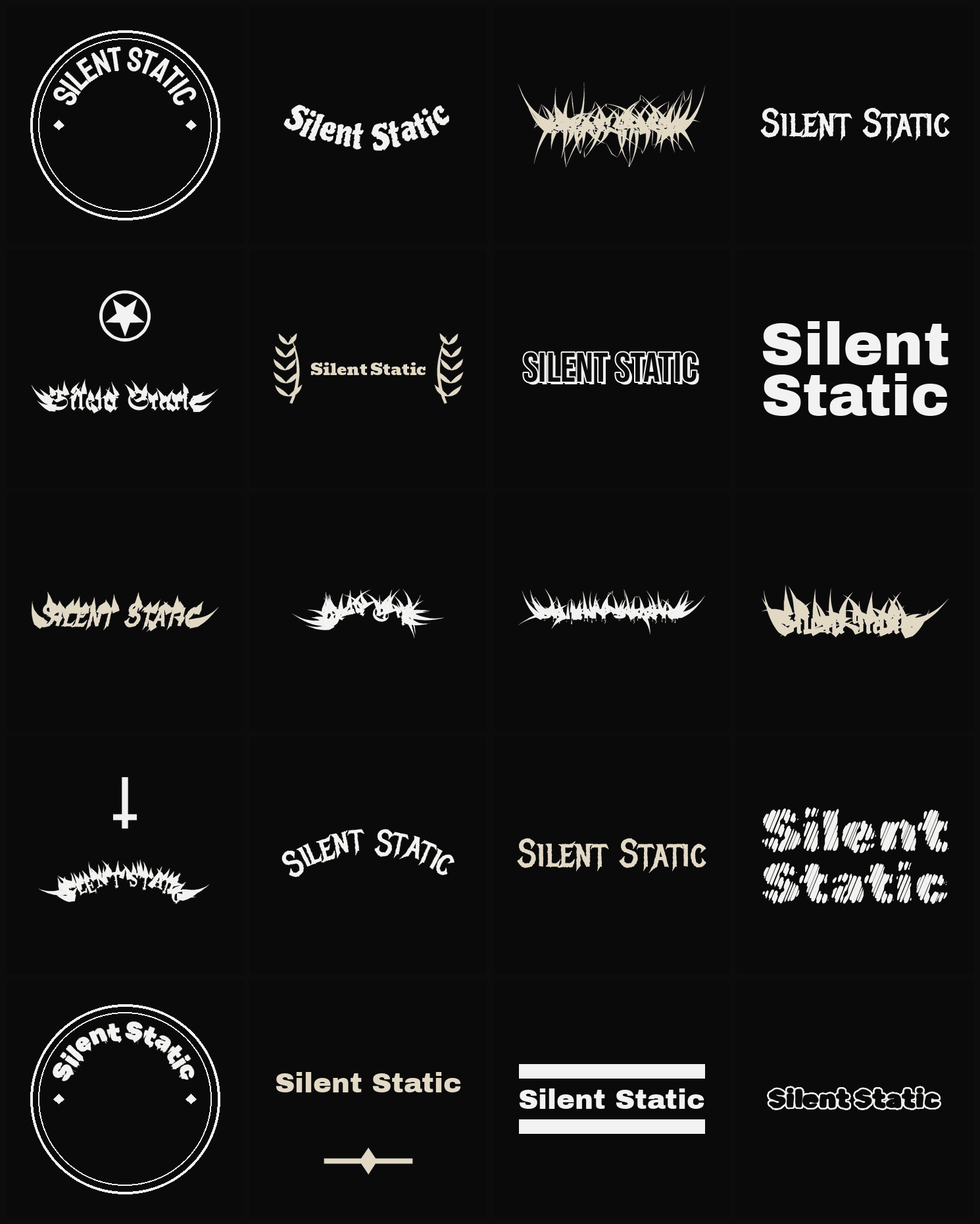 Twenty Silent Static band logo ideas — different faces, treatments and spike settings