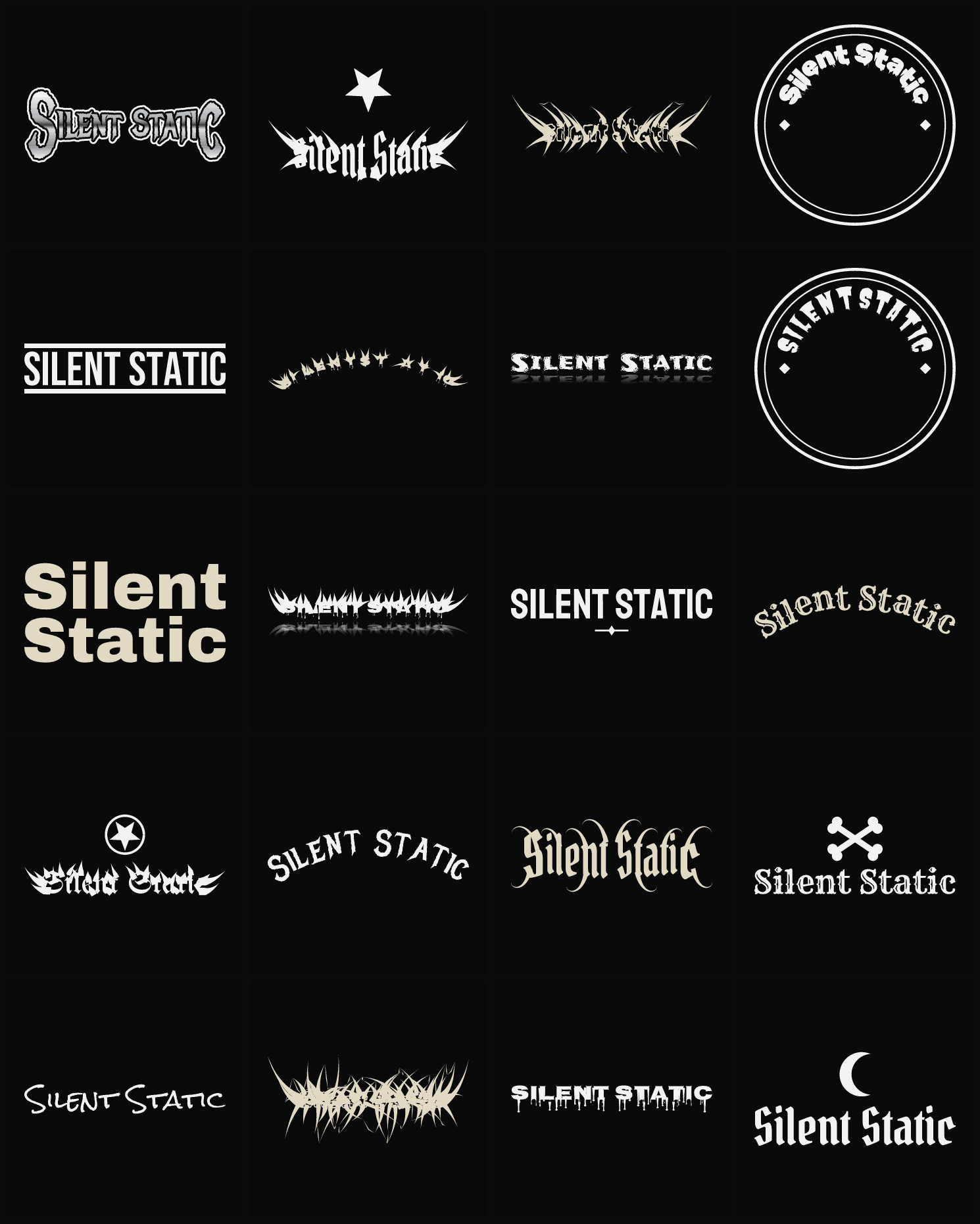 Twenty Silent Static band logo ideas — different faces, treatments and spike settings