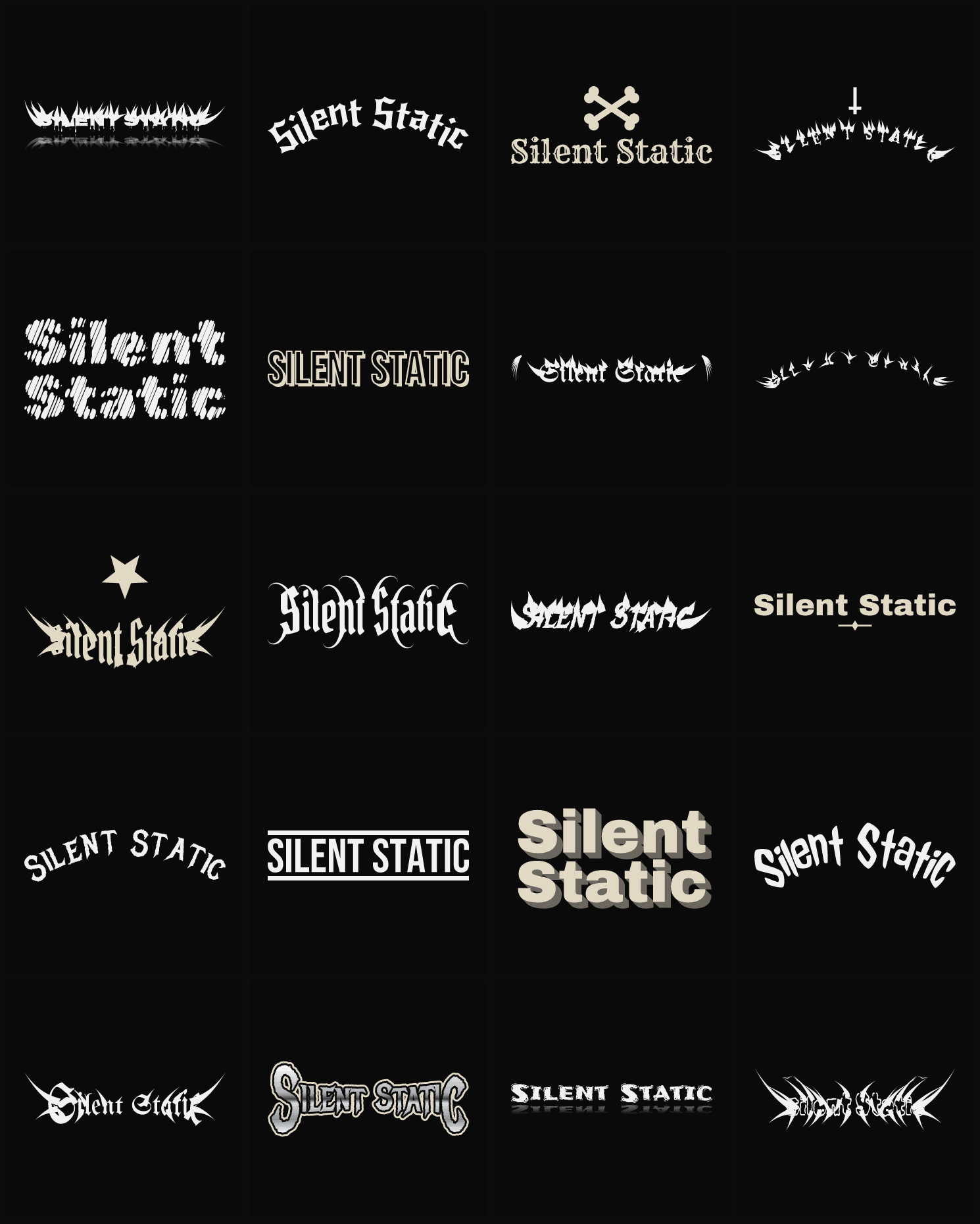 Twenty Silent Static band logo ideas — different faces, treatments and spike settings