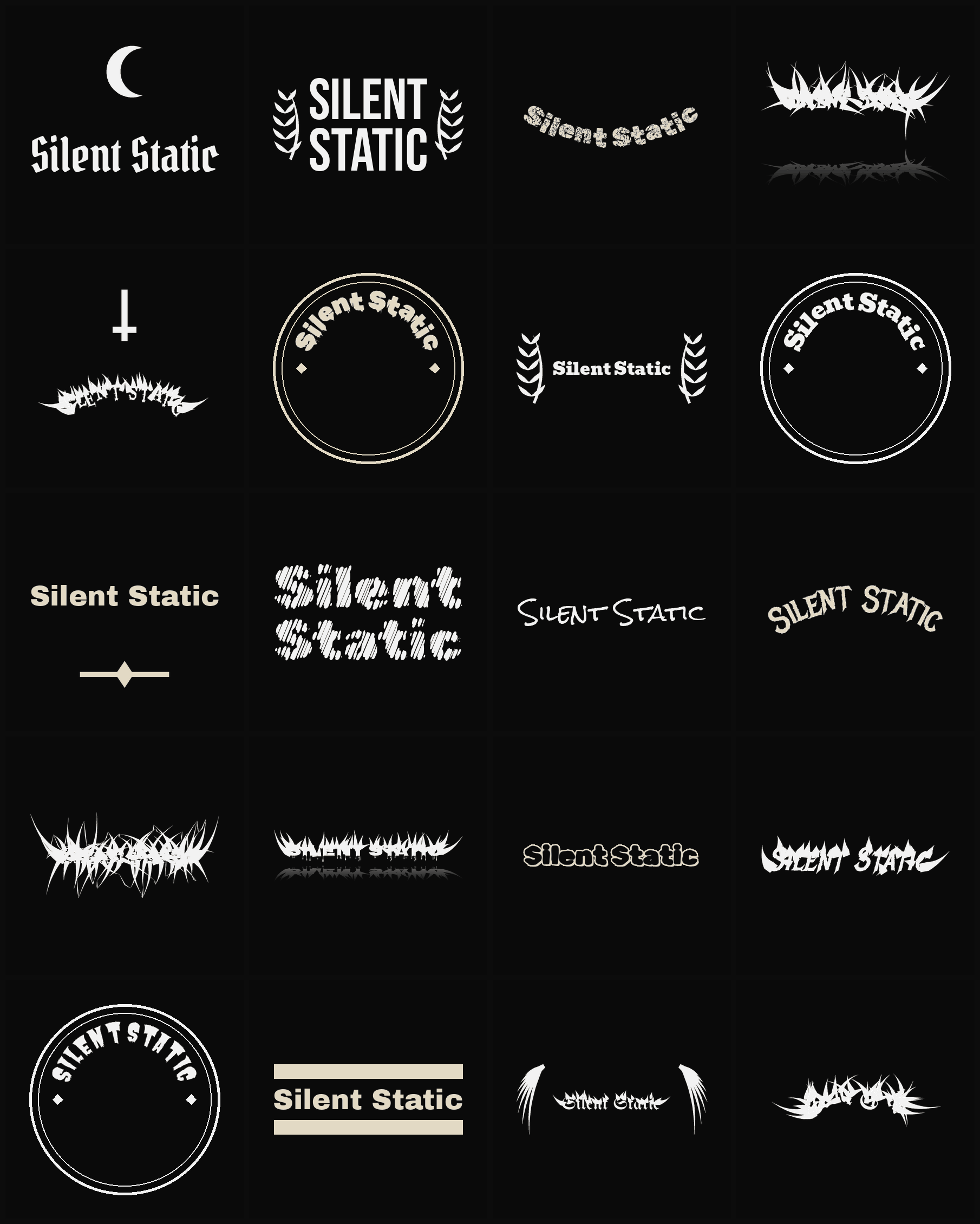 Twenty Silent Static band logo ideas — different faces, treatments and spike settings