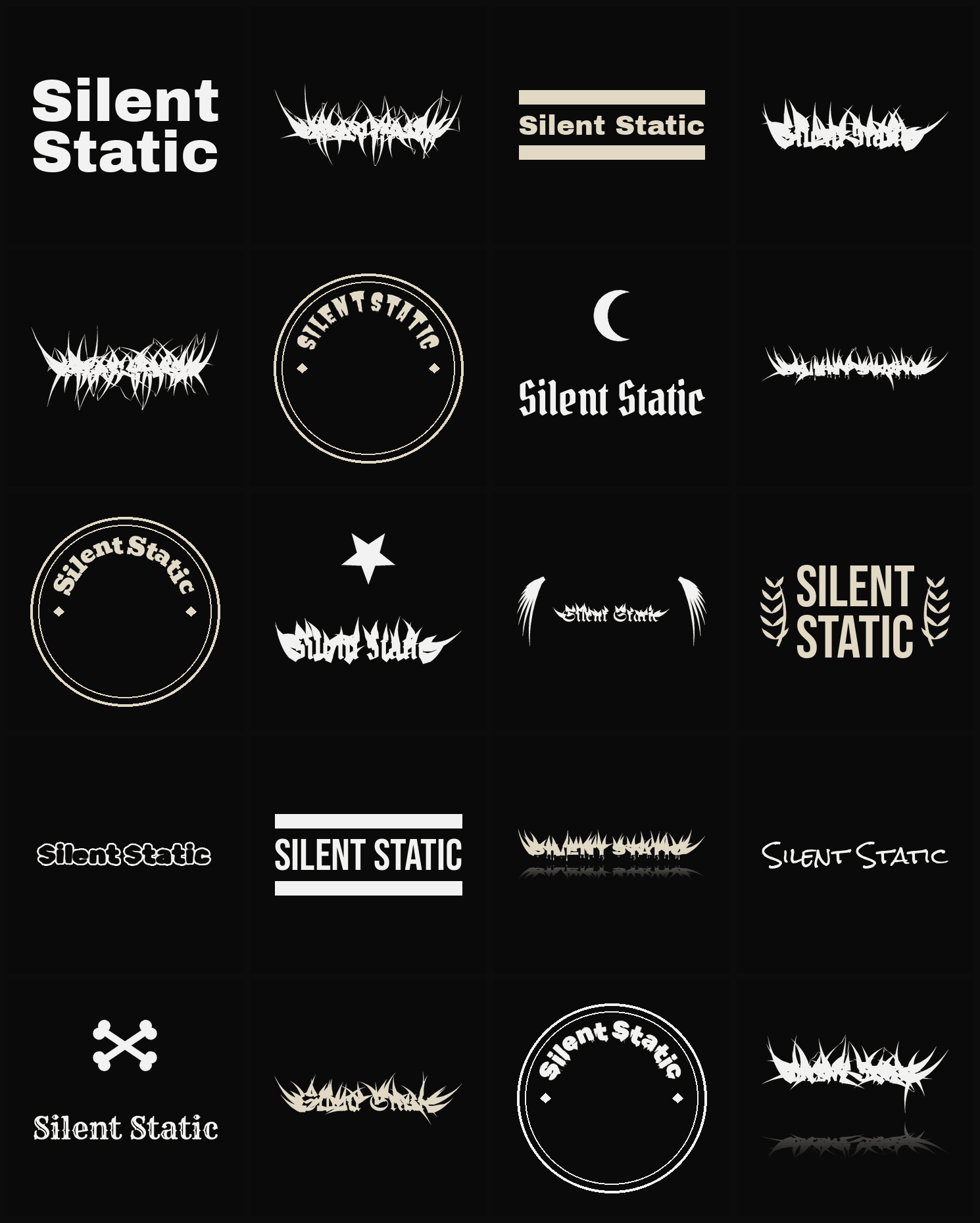 Twenty Silent Static band logo ideas — different faces, treatments and spike settings