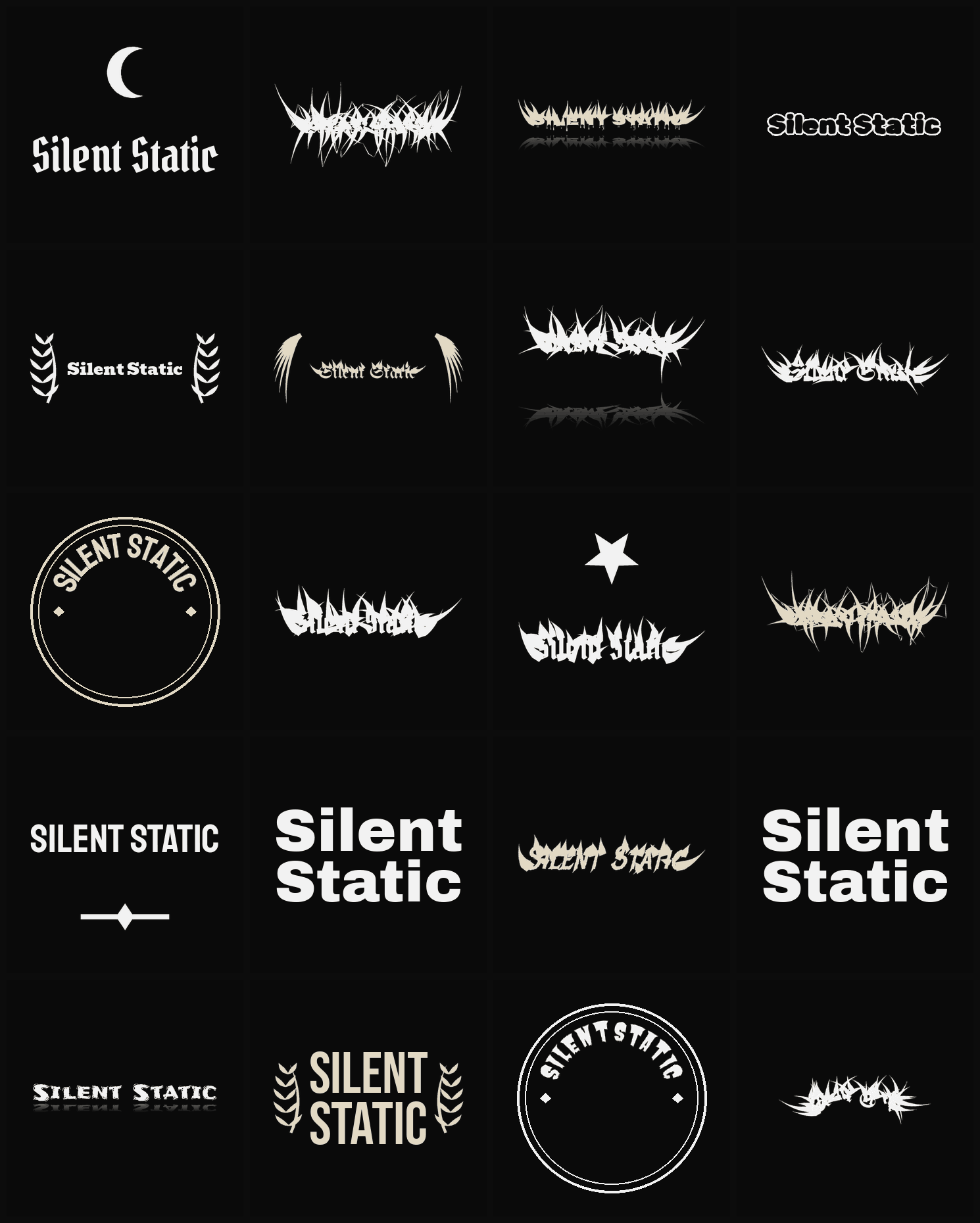 Twenty Silent Static band logo ideas — different faces, treatments and spike settings