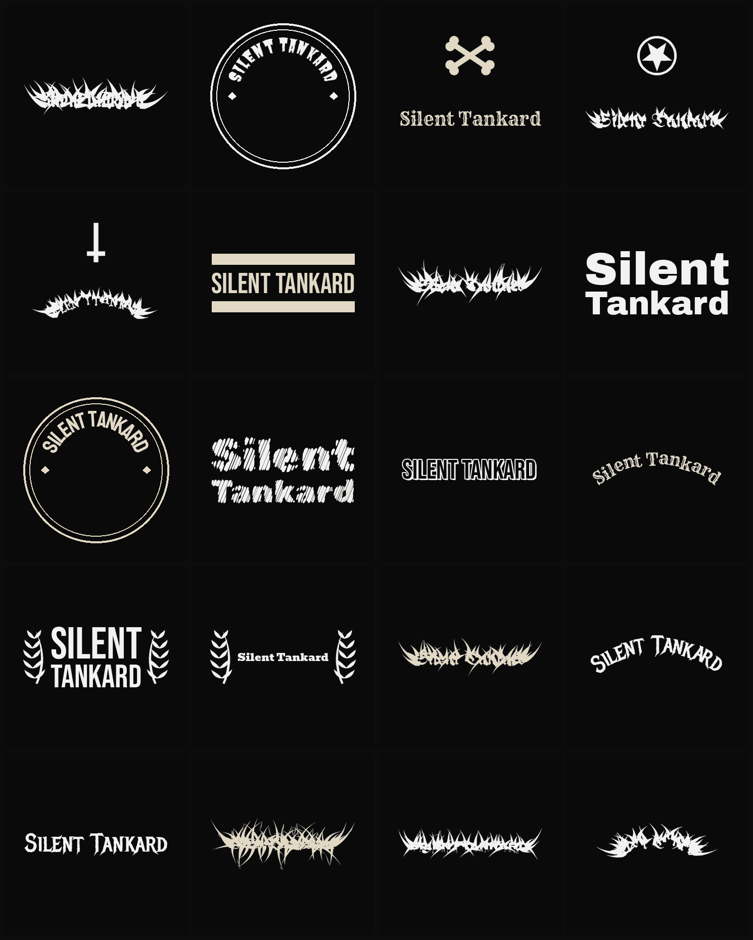 Twenty Silent Tankard band logo ideas — different faces, treatments and spike settings