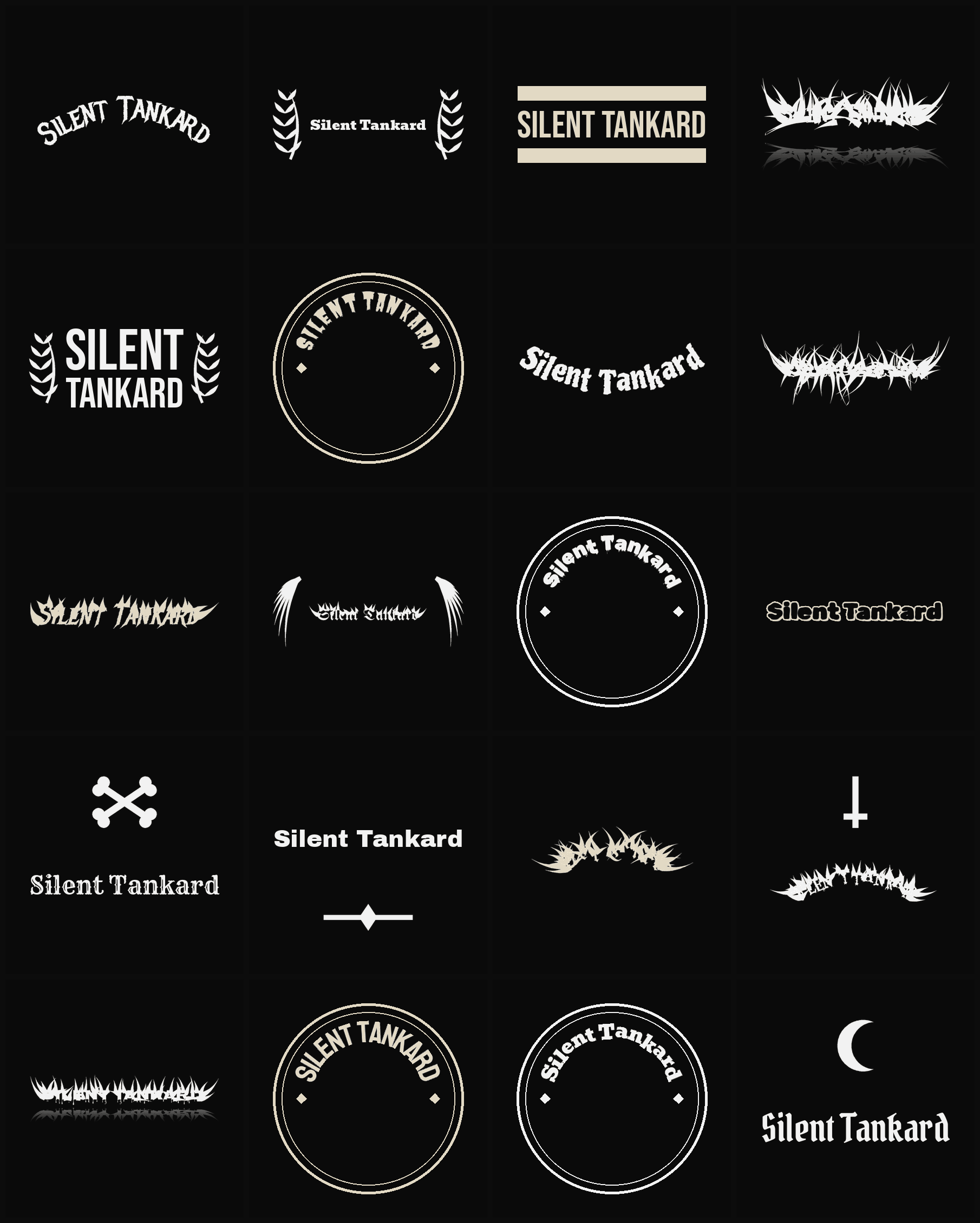 Twenty Silent Tankard band logo ideas — different faces, treatments and spike settings