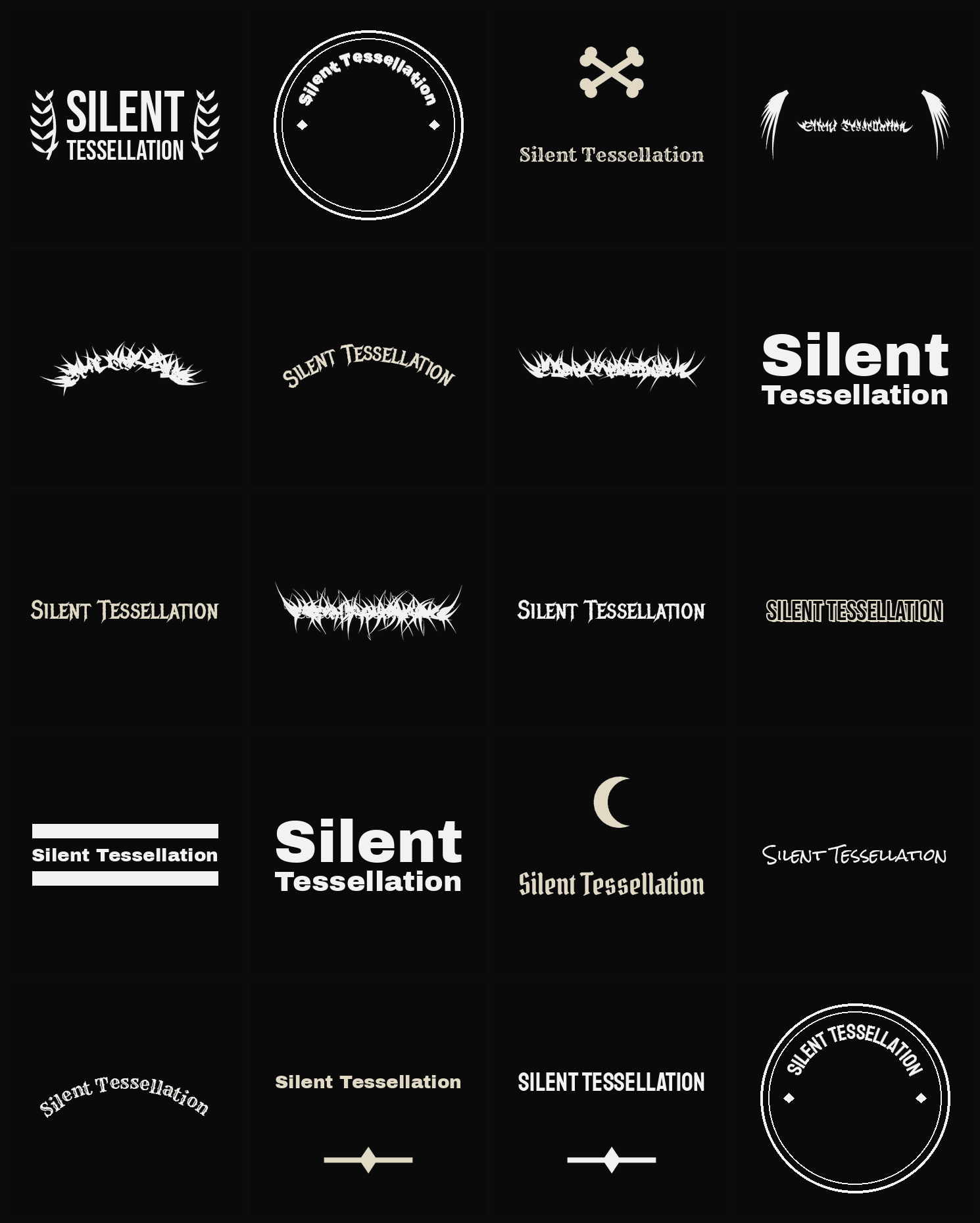 Twenty Silent Tessellation band logo ideas — different faces, treatments and spike settings
