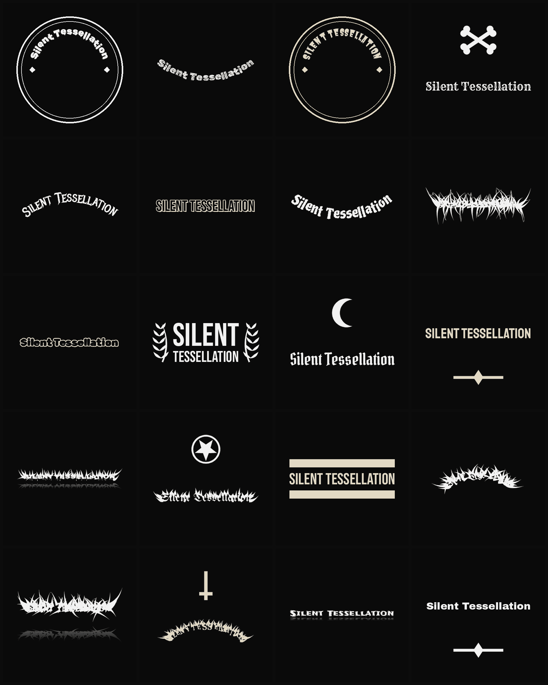 Twenty Silent Tessellation band logo ideas — different faces, treatments and spike settings