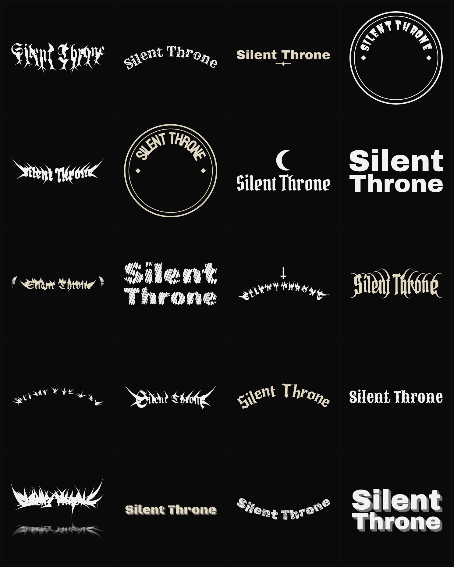 Twenty Silent Throne band logo ideas — different faces, treatments and spike settings