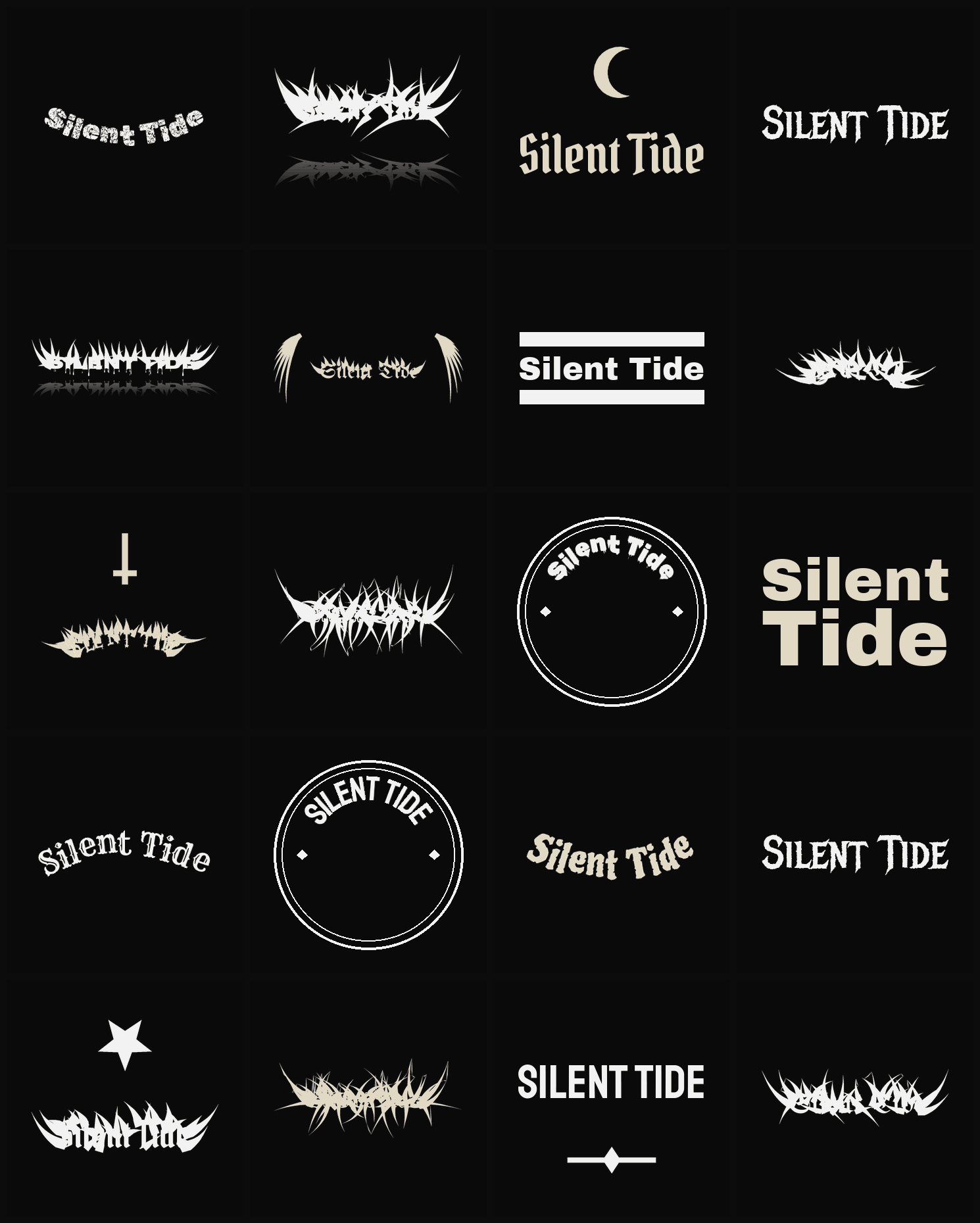 Twenty Silent Tide band logo ideas — different faces, treatments and spike settings