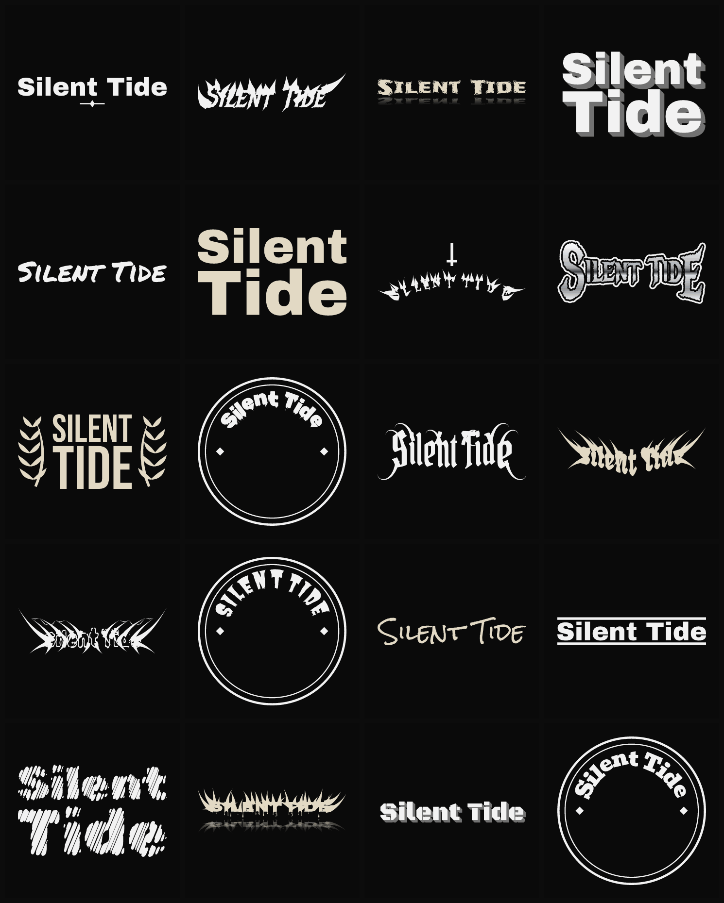 Twenty Silent Tide band logo ideas — different faces, treatments and spike settings