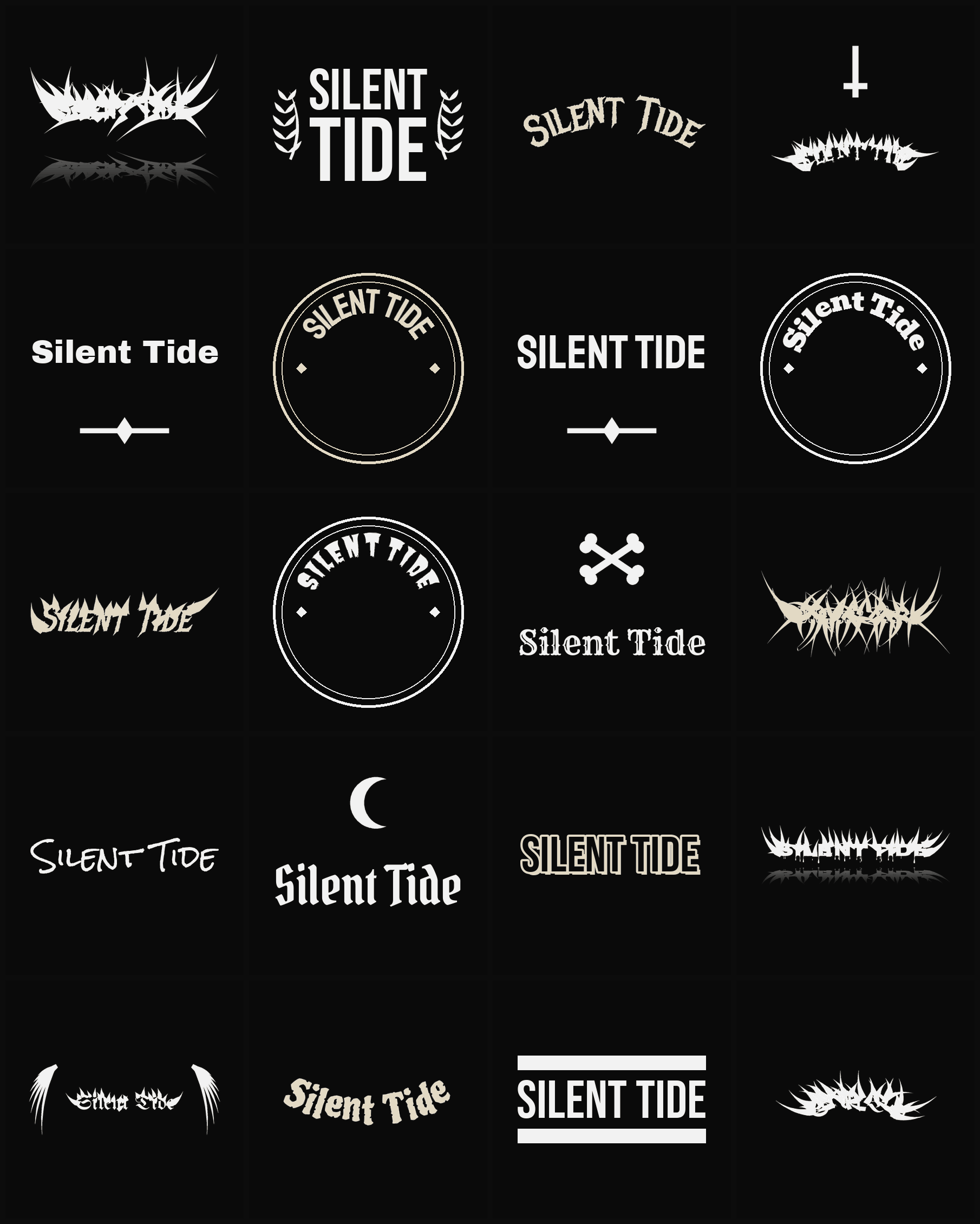 Twenty Silent Tide band logo ideas — different faces, treatments and spike settings