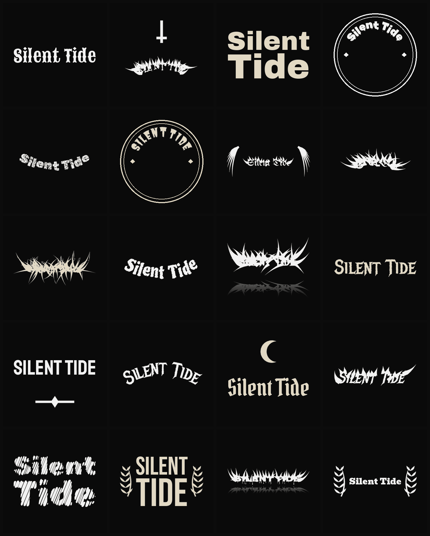 Twenty Silent Tide band logo ideas — different faces, treatments and spike settings