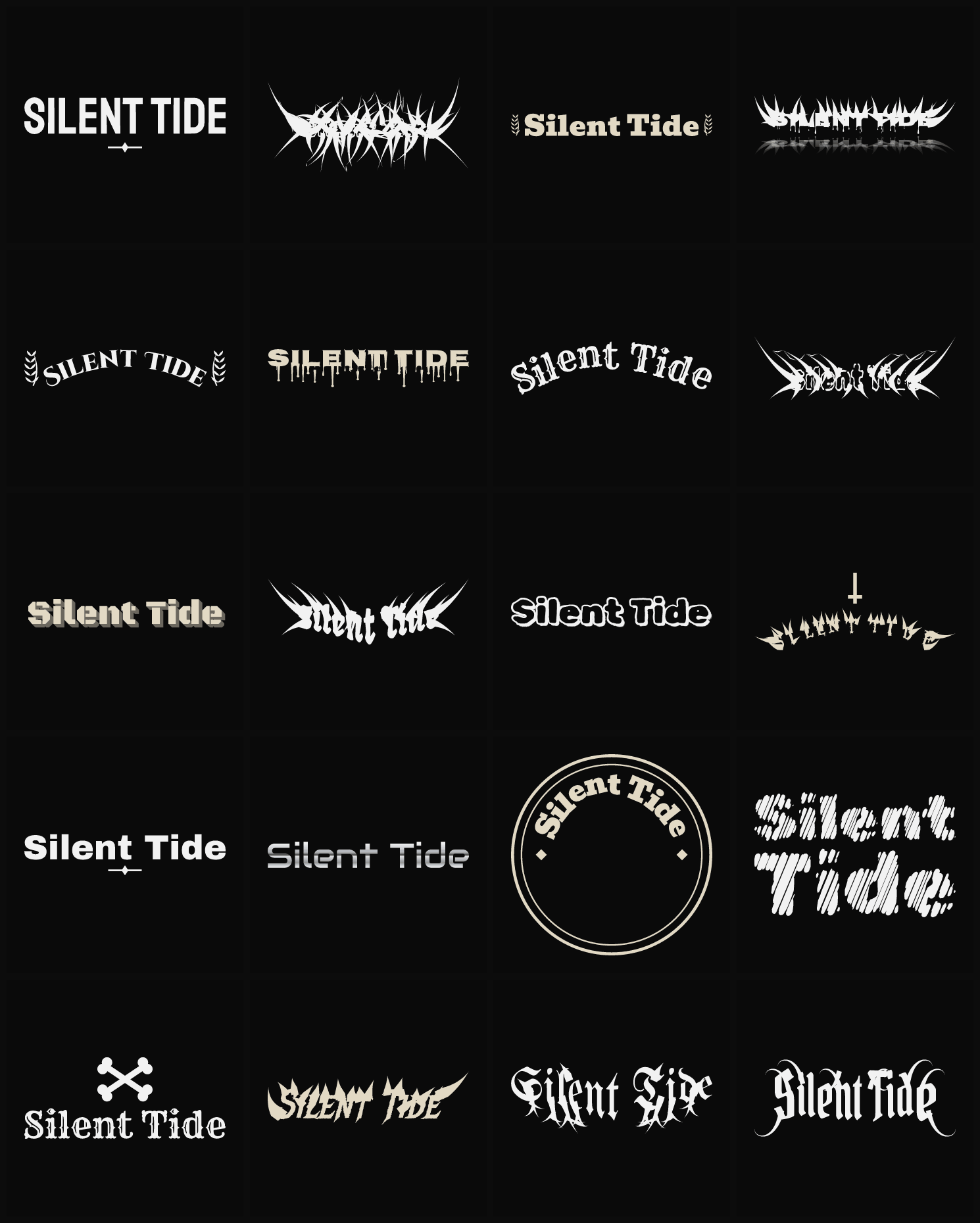 Twenty Silent Tide band logo ideas — different faces, treatments and spike settings
