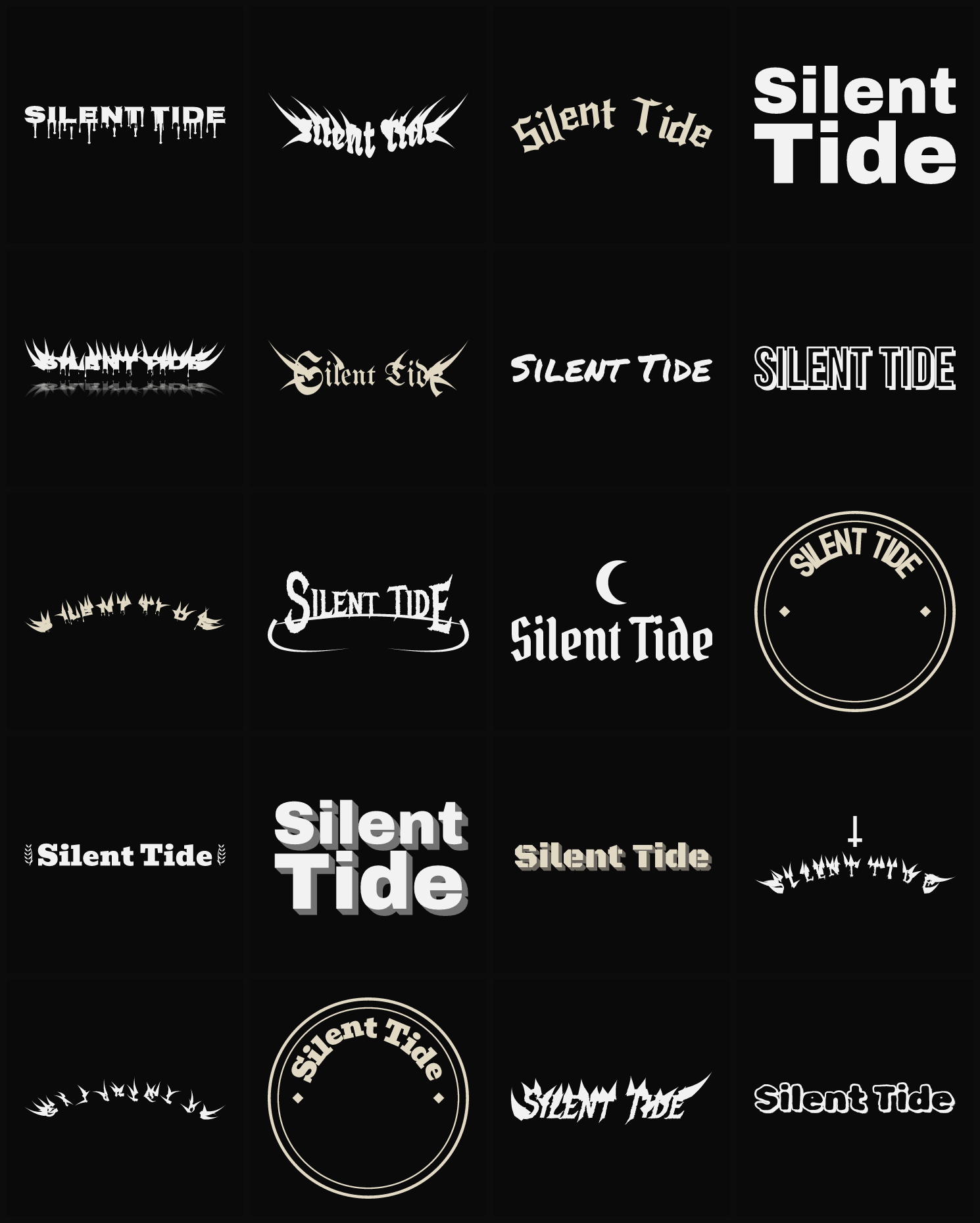 Twenty Silent Tide band logo ideas — different faces, treatments and spike settings