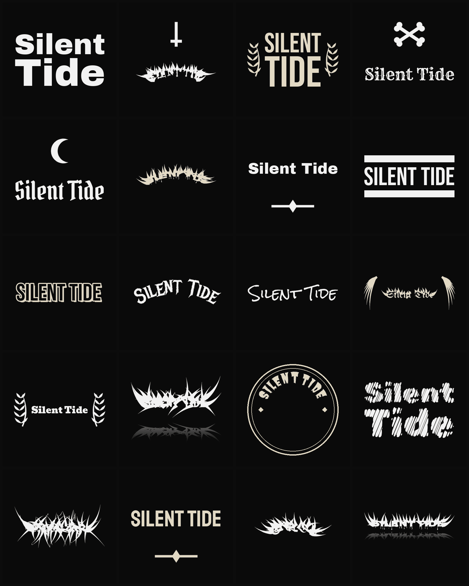Twenty Silent Tide band logo ideas — different faces, treatments and spike settings