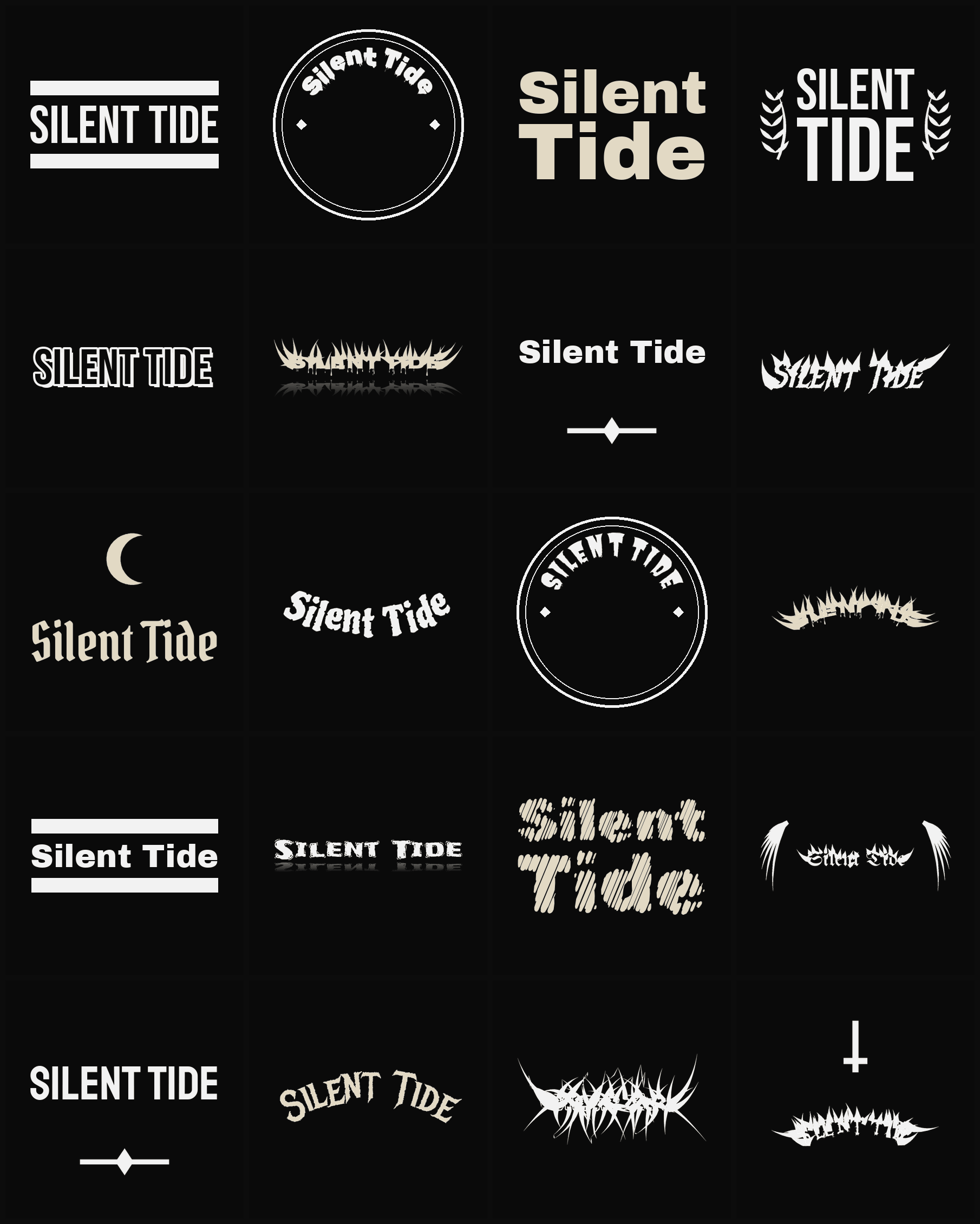 Twenty Silent Tide band logo ideas — different faces, treatments and spike settings