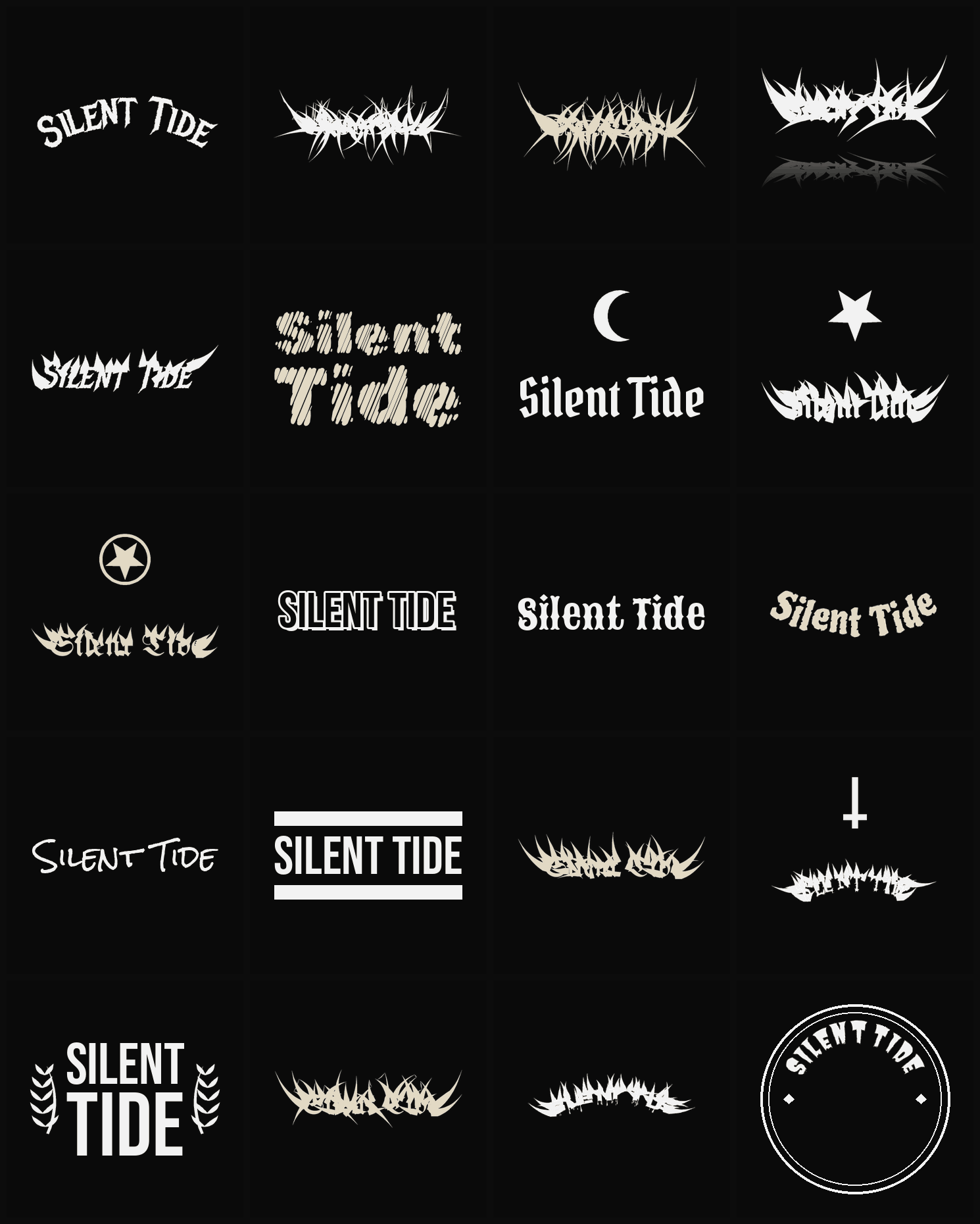 Twenty Silent Tide band logo ideas — different faces, treatments and spike settings
