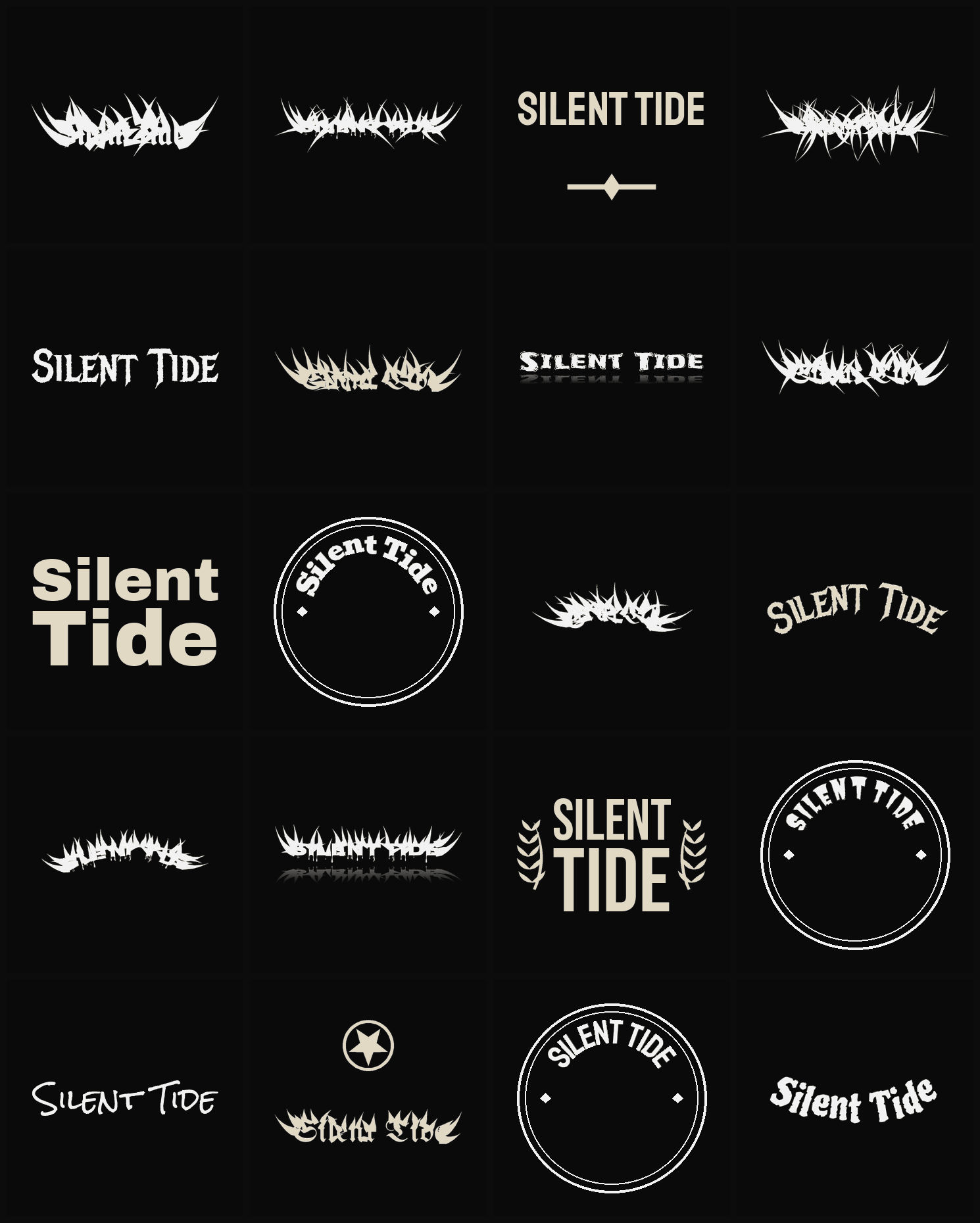 Twenty Silent Tide band logo ideas — different faces, treatments and spike settings