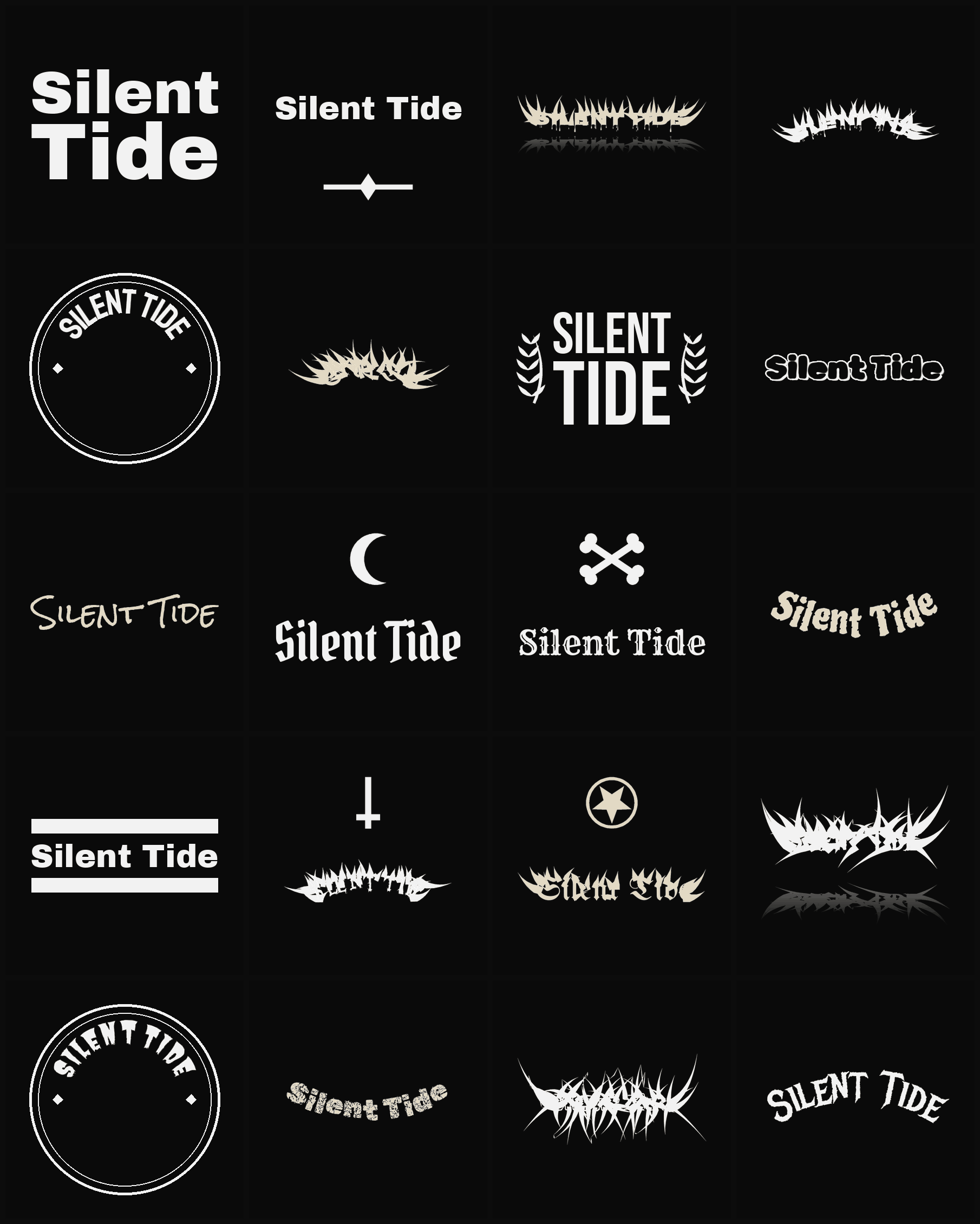 Twenty Silent Tide band logo ideas — different faces, treatments and spike settings