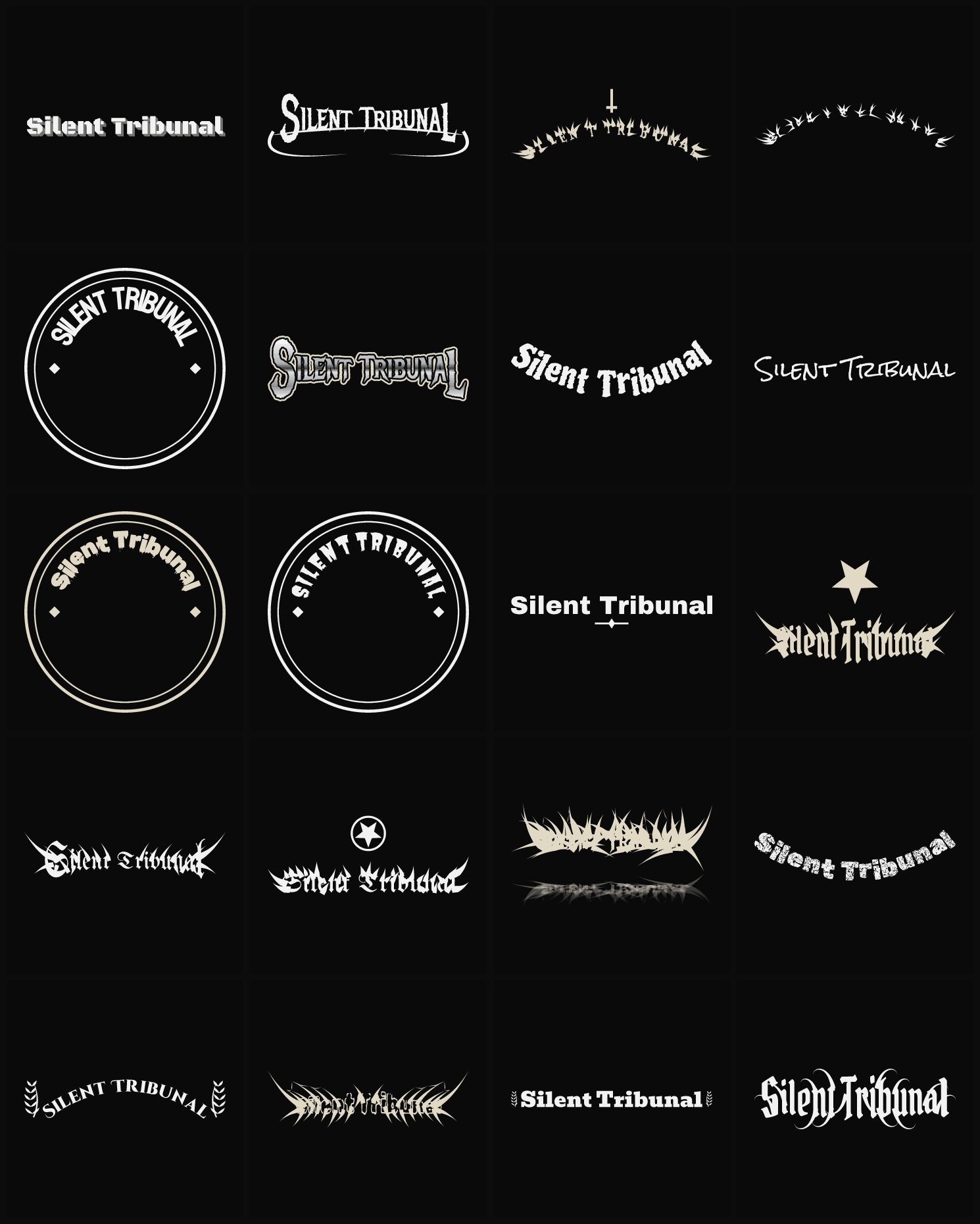 Twenty Silent Tribunal band logo ideas — different faces, treatments and spike settings