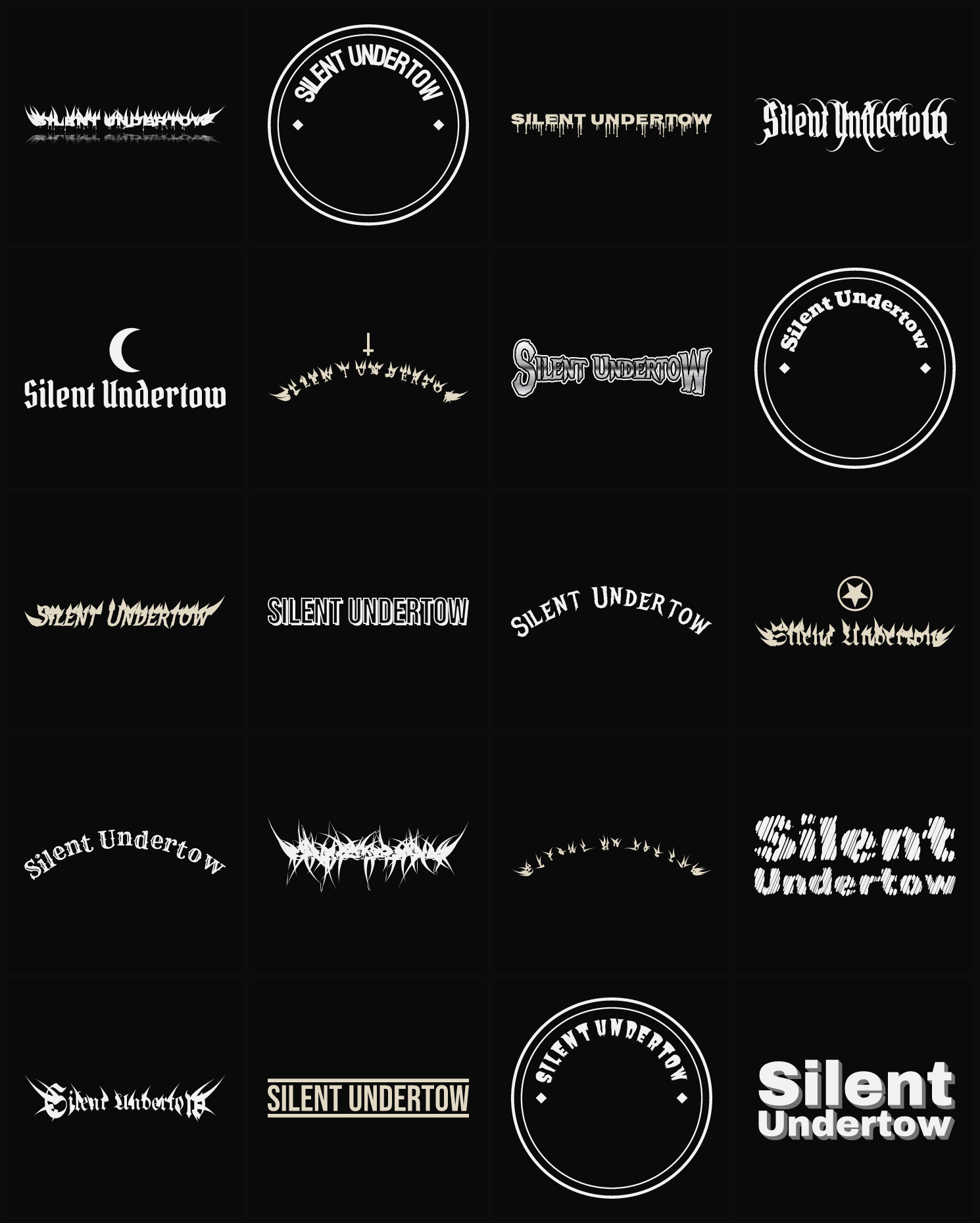 Twenty Silent Undertow band logo ideas — different faces, treatments and spike settings