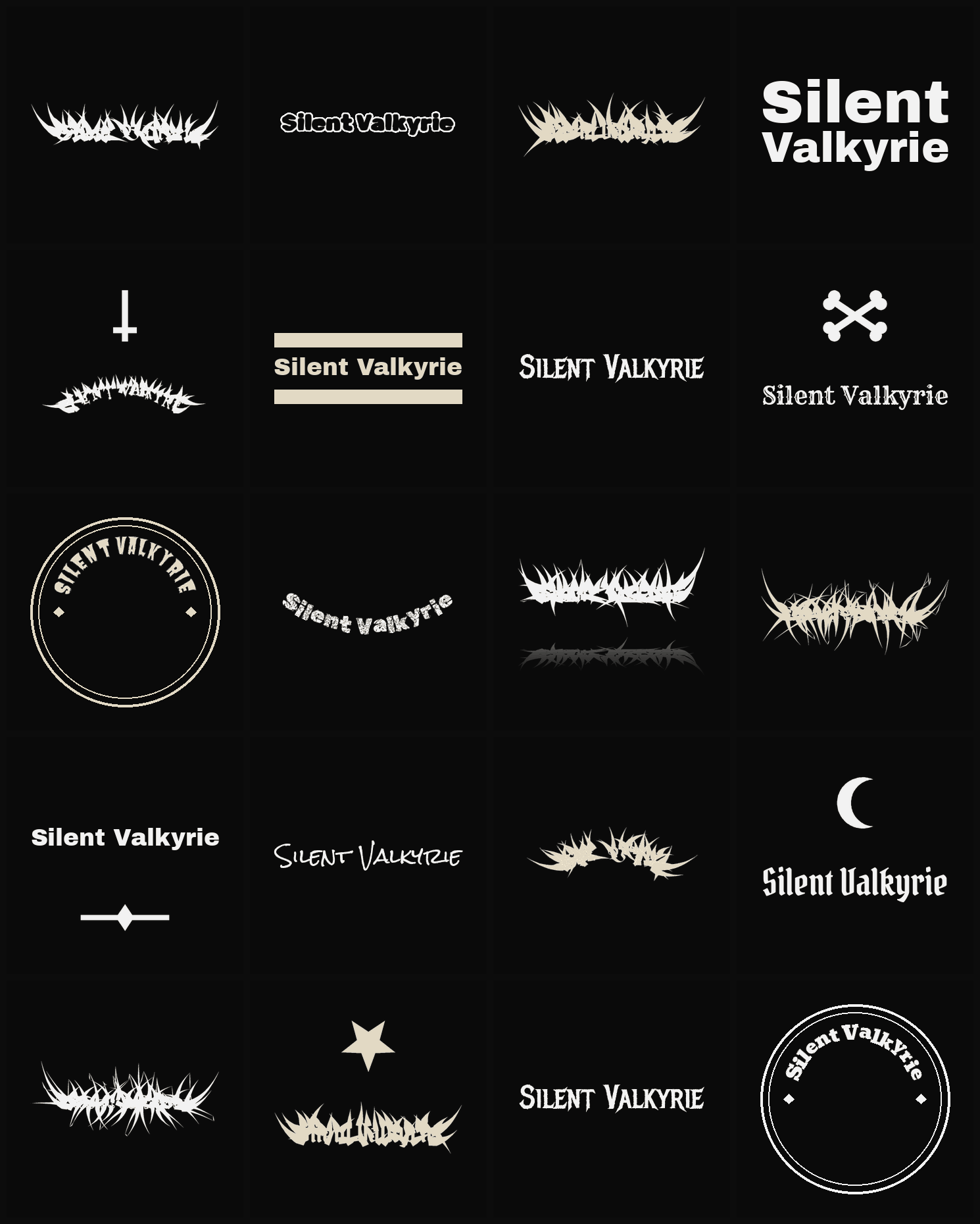 Twenty Silent Valkyrie band logo ideas — different faces, treatments and spike settings