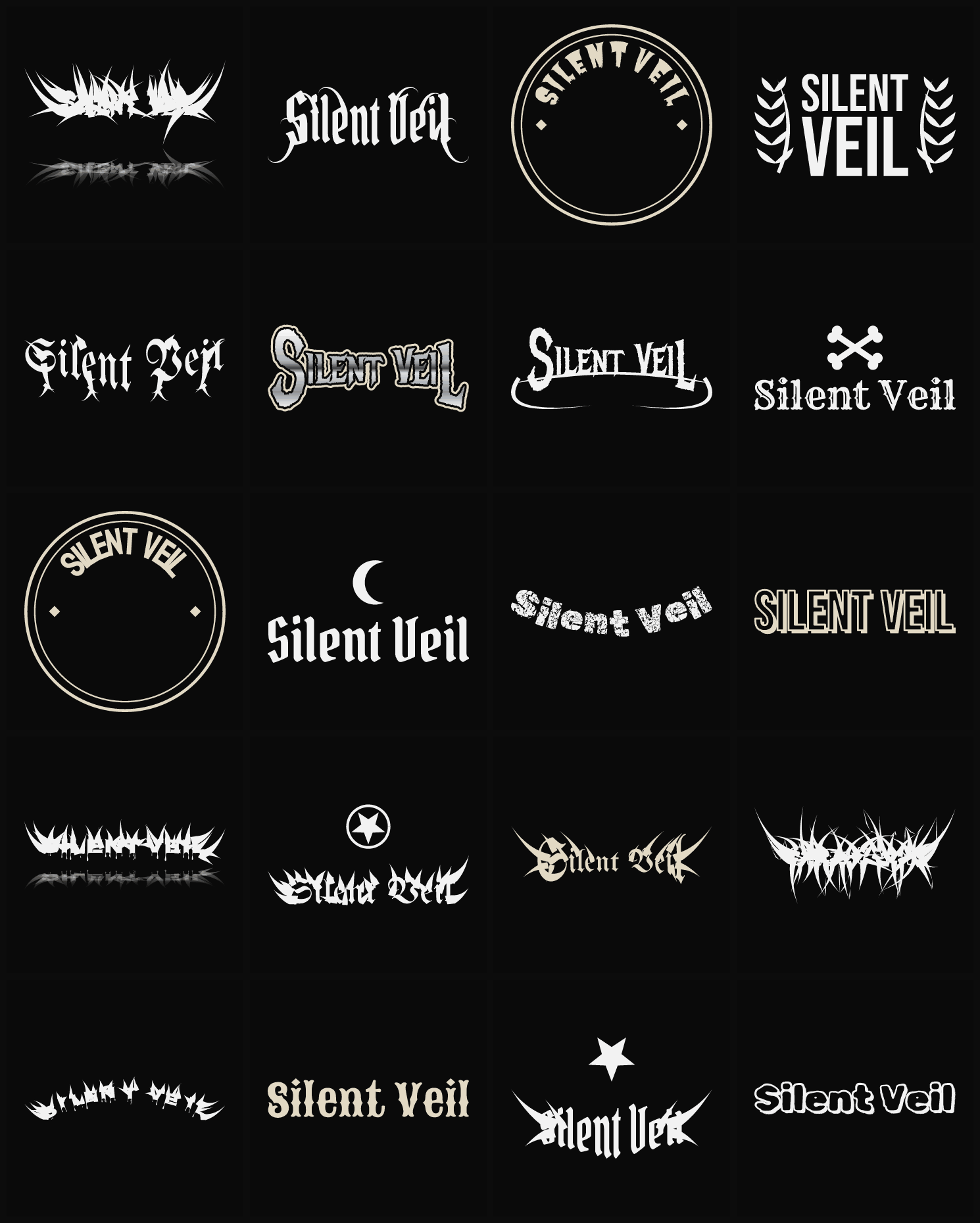 Twenty Silent Veil band logo ideas — different faces, treatments and spike settings