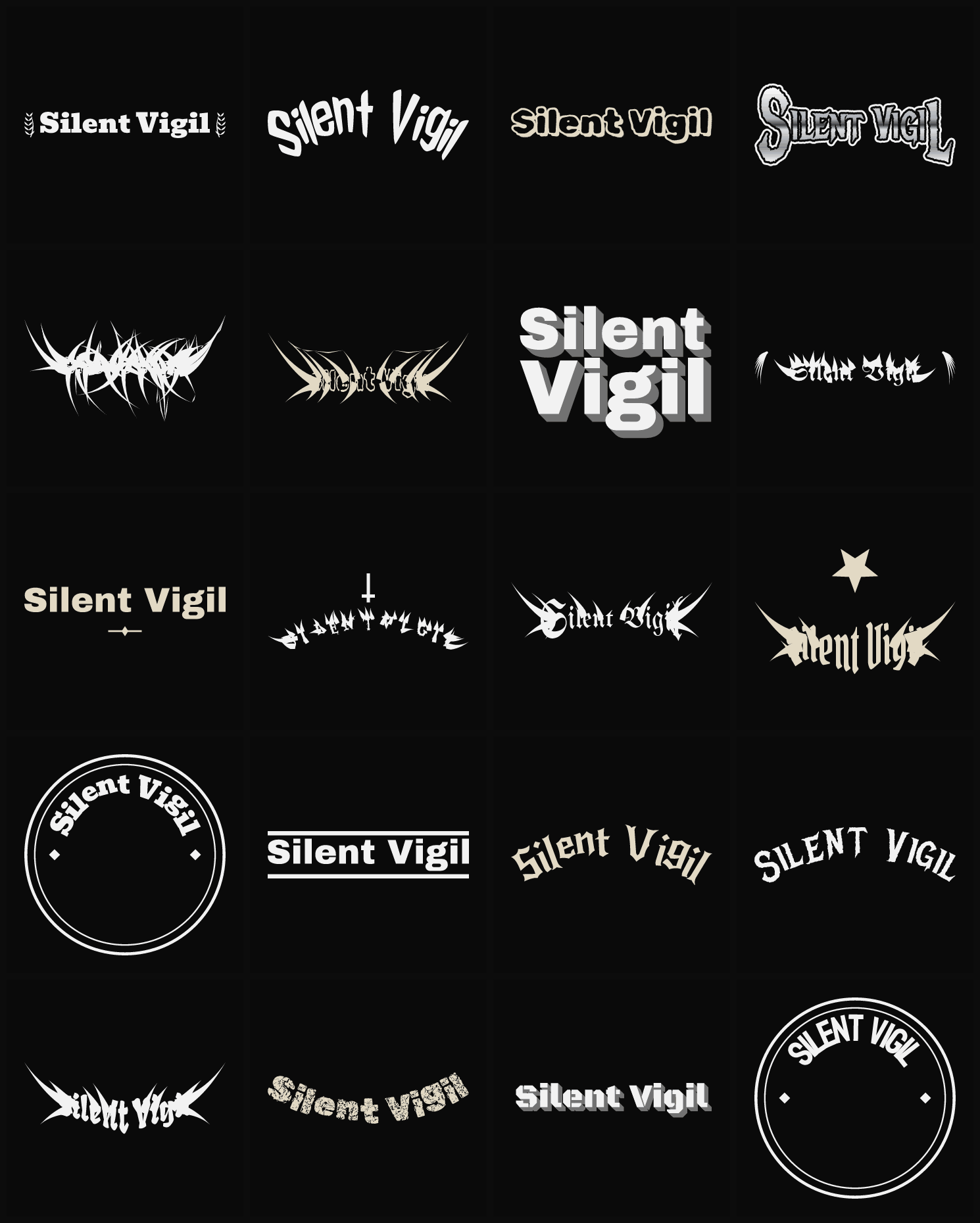 Twenty Silent Vigil band logo ideas — different faces, treatments and spike settings
