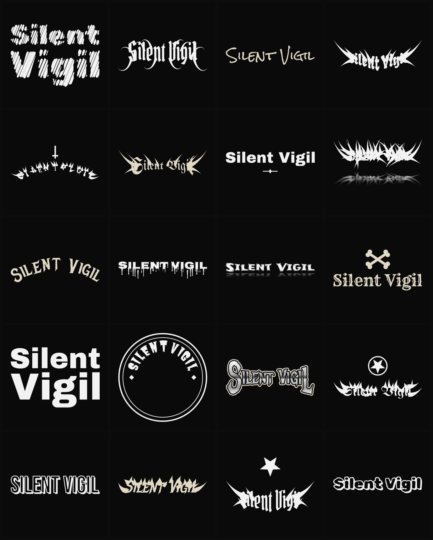 Twenty Silent Vigil band logo ideas — different faces, treatments and spike settings