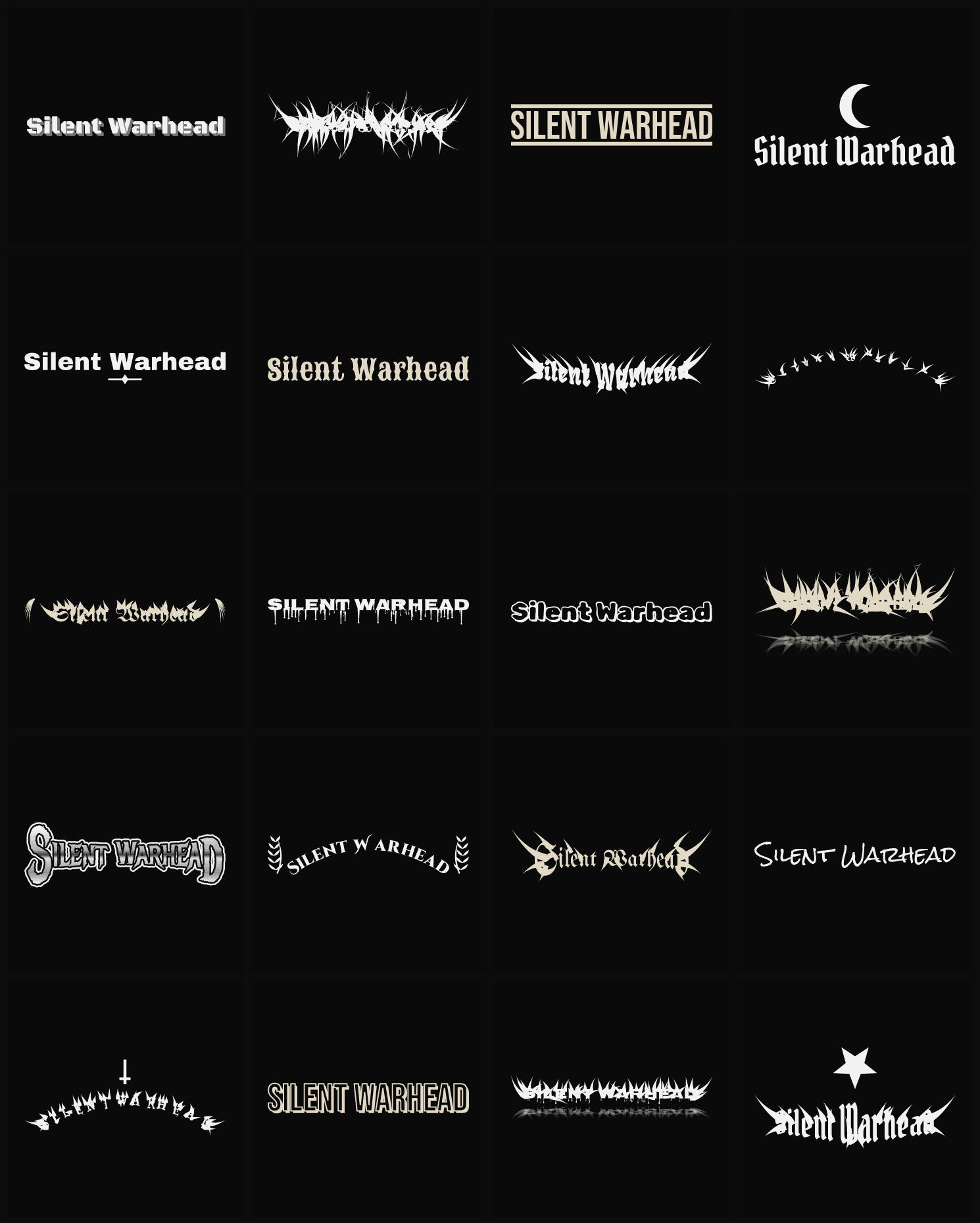 Twenty Silent Warhead band logo ideas — different faces, treatments and spike settings