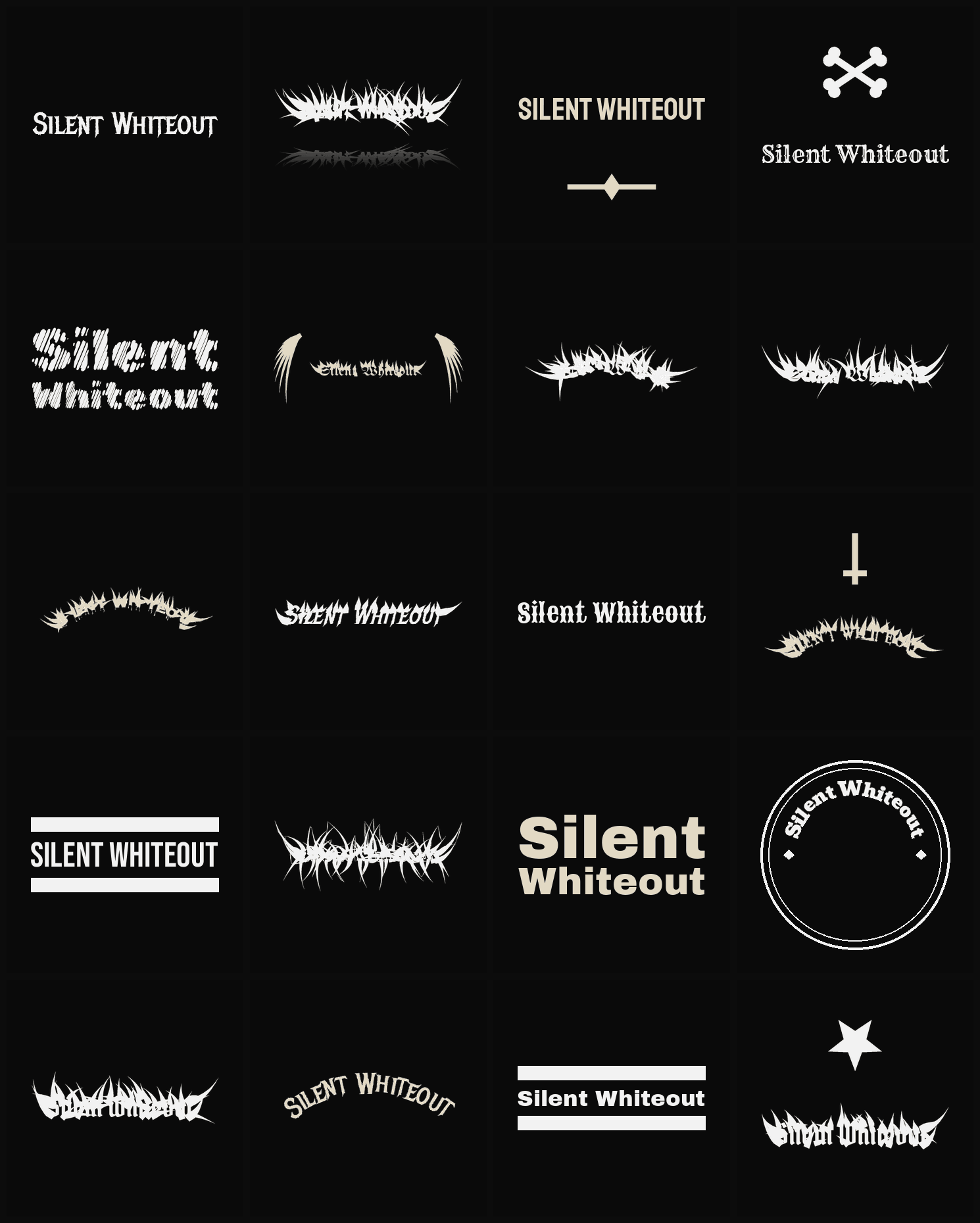 Twenty Silent Whiteout band logo ideas — different faces, treatments and spike settings