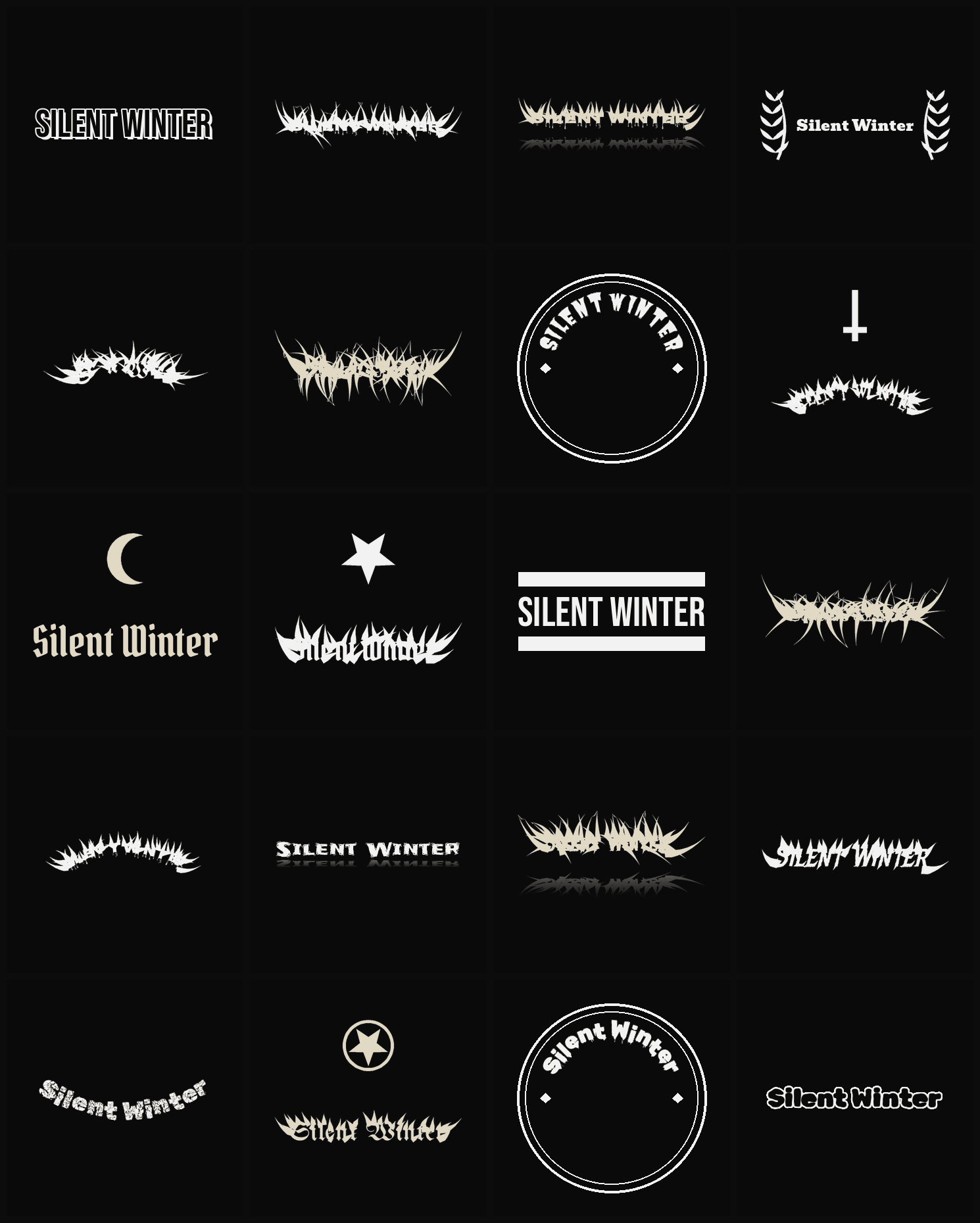 Twenty Silent Winter band logo ideas — different faces, treatments and spike settings