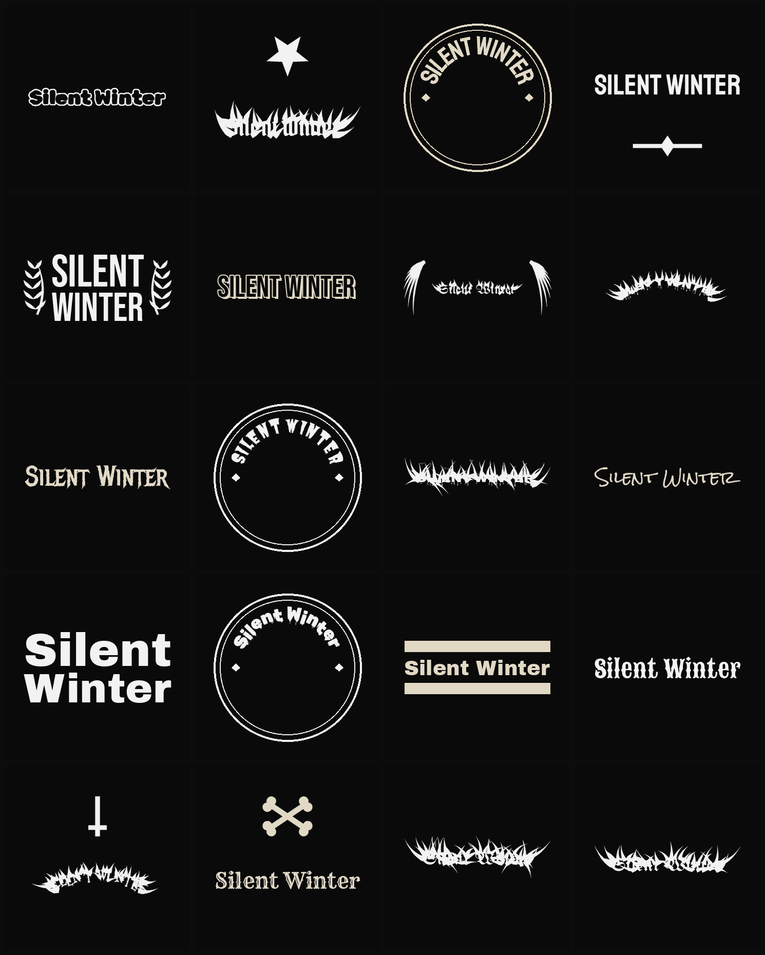 Twenty Silent Winter band logo ideas — different faces, treatments and spike settings