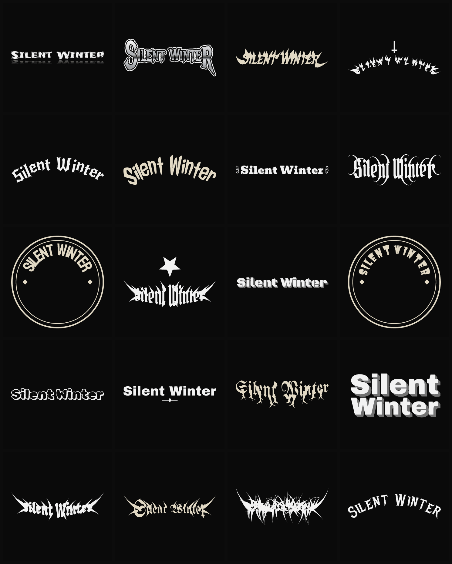 Twenty Silent Winter band logo ideas — different faces, treatments and spike settings