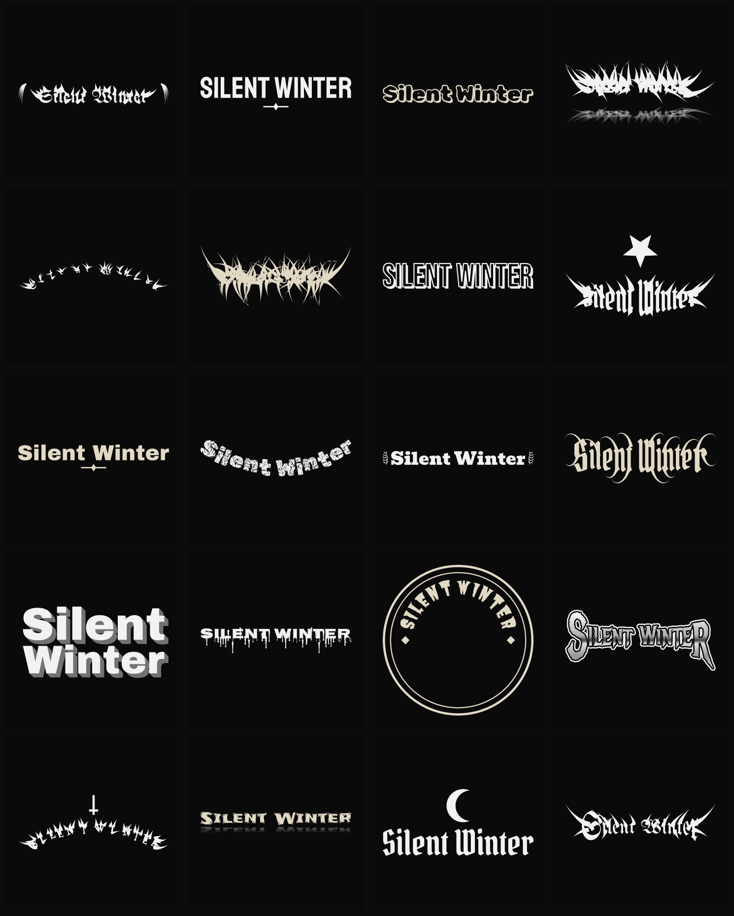 Twenty Silent Winter band logo ideas — different faces, treatments and spike settings
