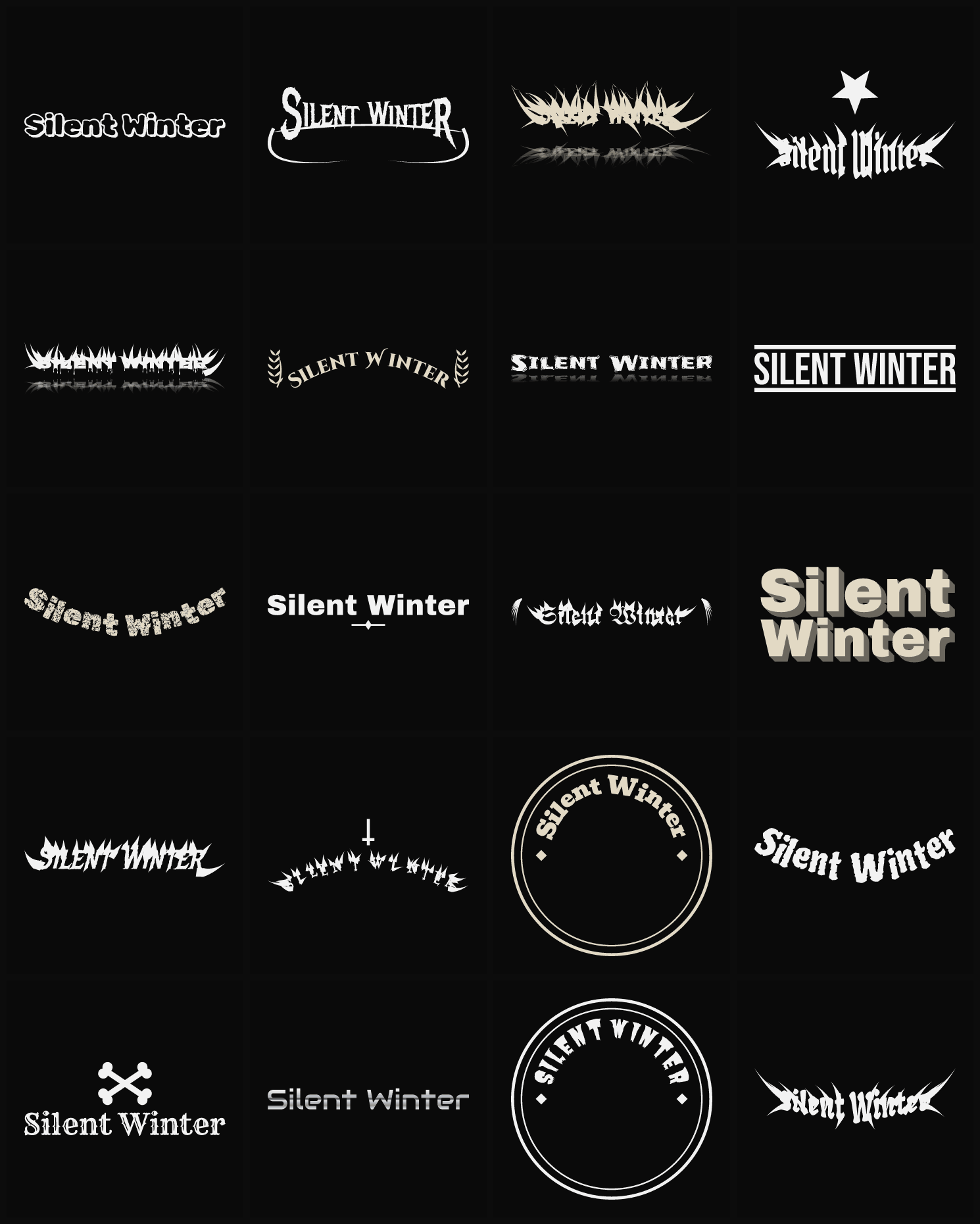 Twenty Silent Winter band logo ideas — different faces, treatments and spike settings