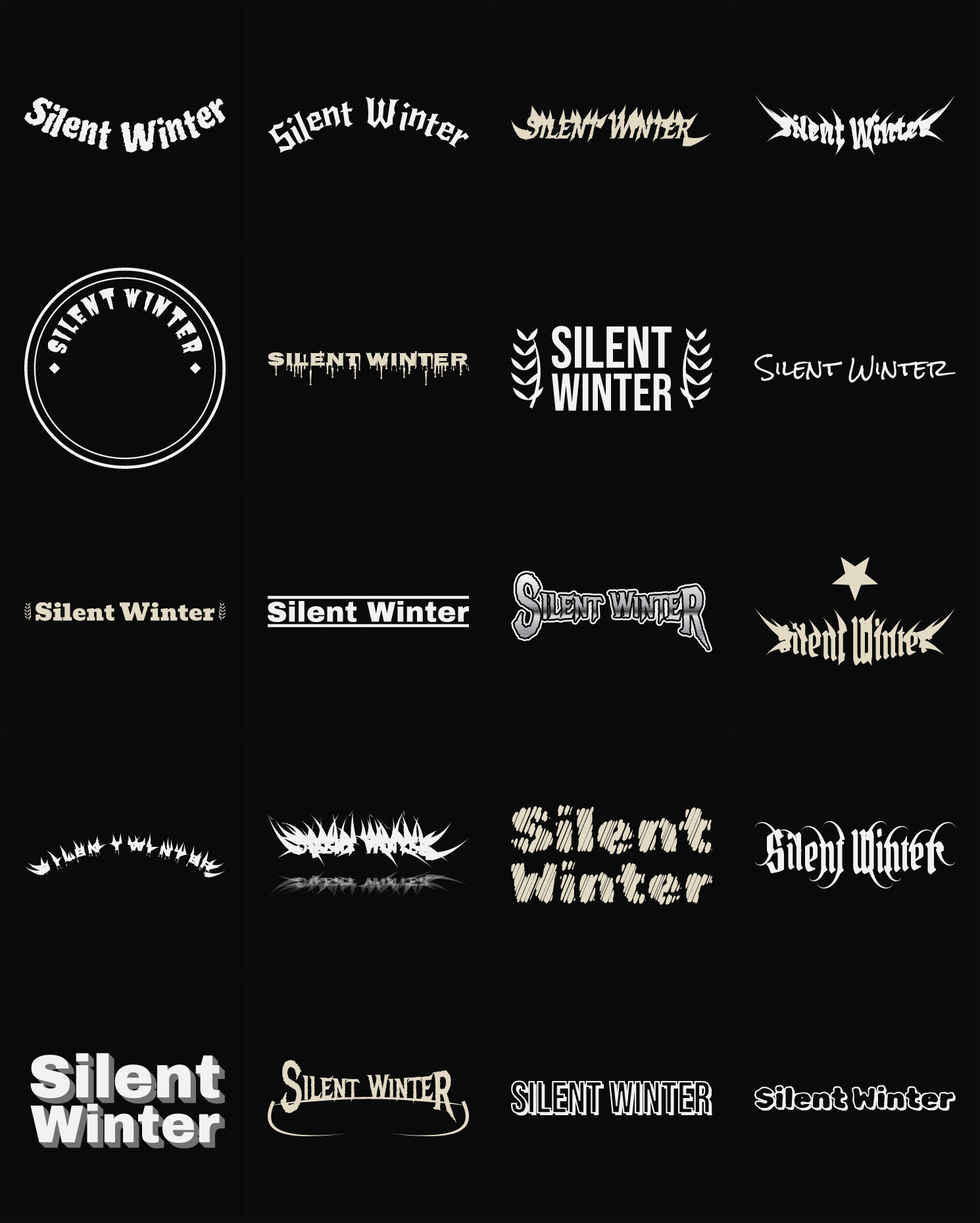 Twenty Silent Winter band logo ideas — different faces, treatments and spike settings