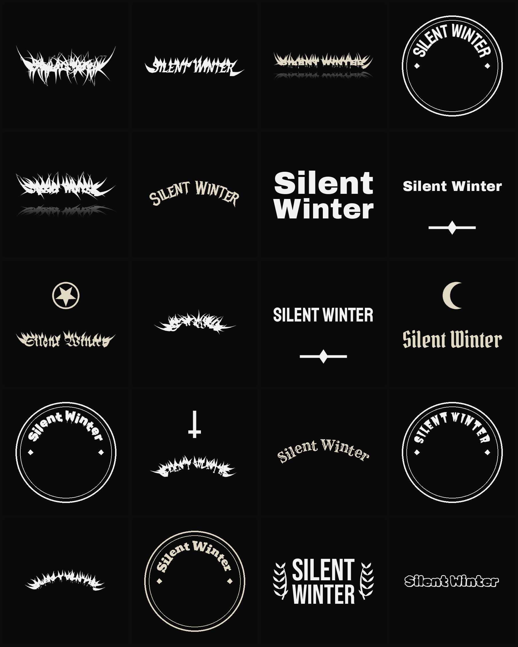 Twenty Silent Winter band logo ideas — different faces, treatments and spike settings