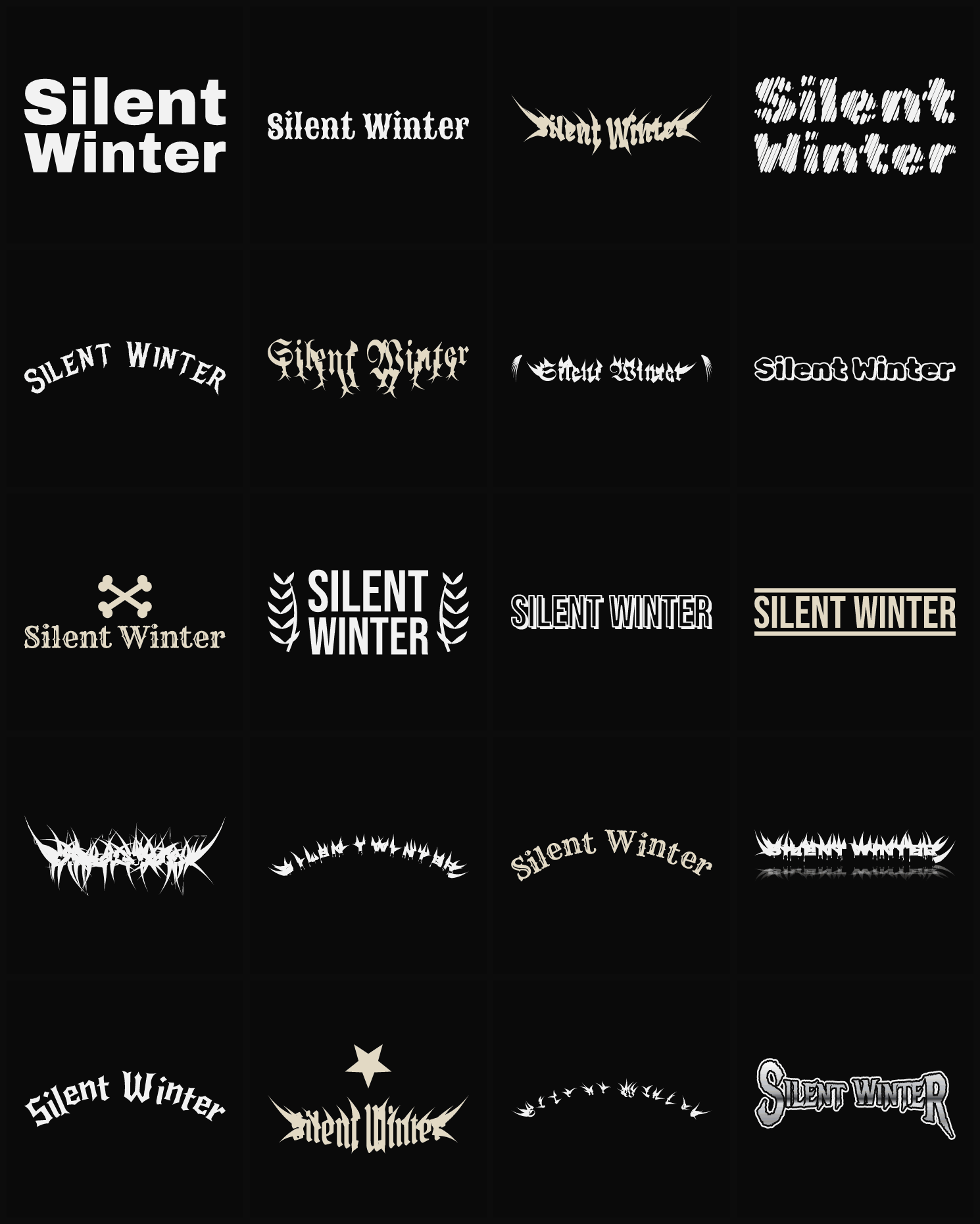 Twenty Silent Winter band logo ideas — different faces, treatments and spike settings