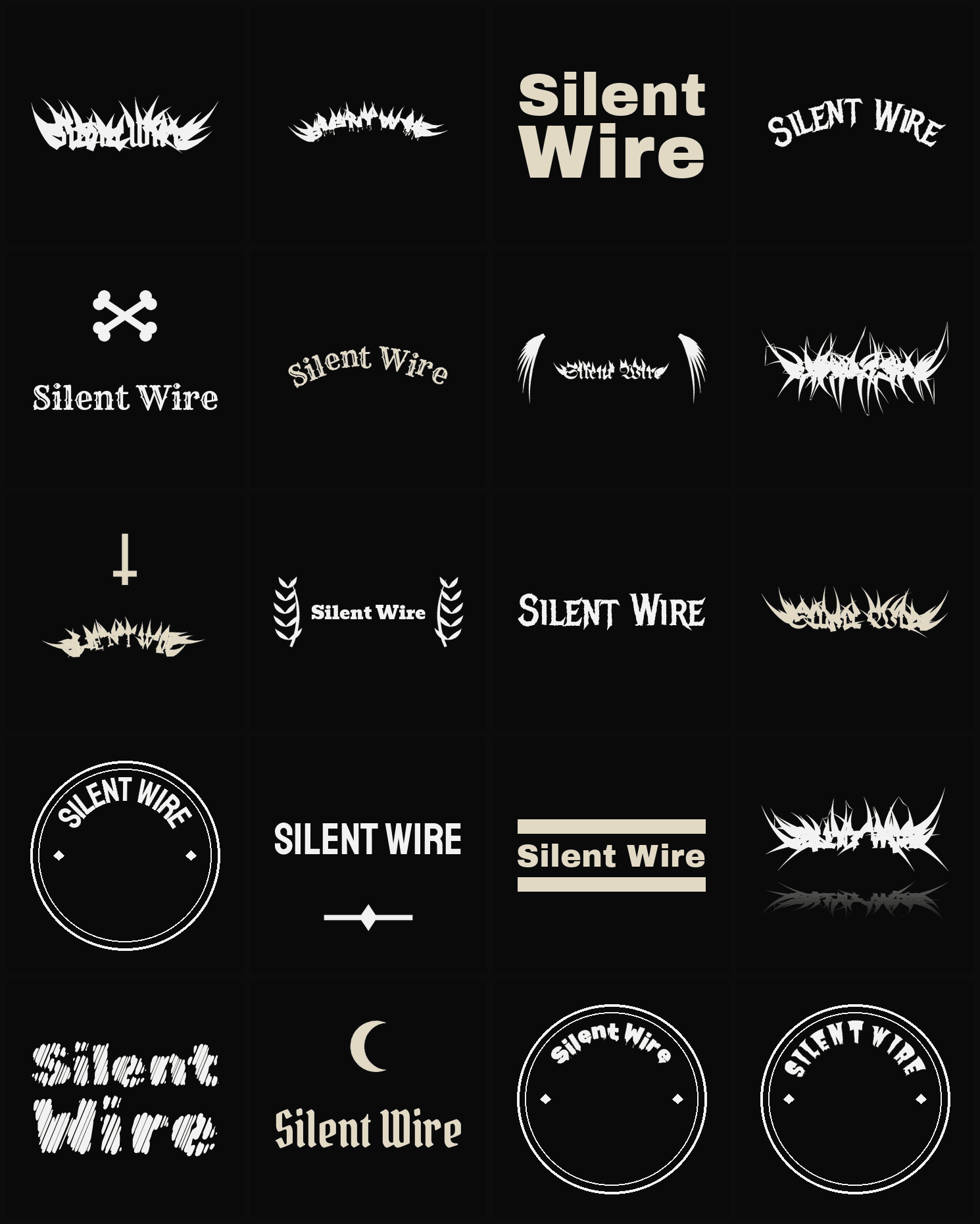 Twenty Silent Wire band logo ideas — different faces, treatments and spike settings