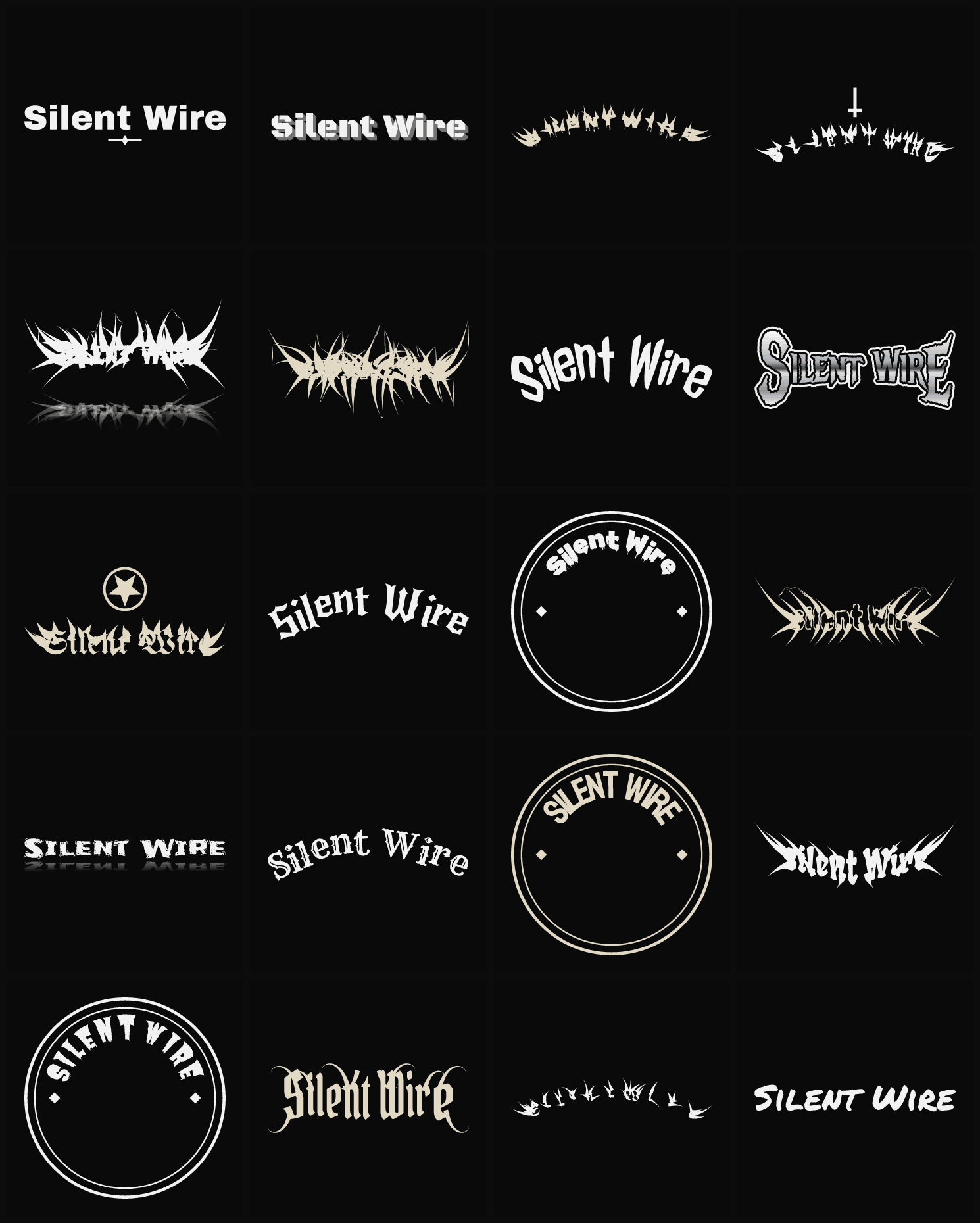 Twenty Silent Wire band logo ideas — different faces, treatments and spike settings