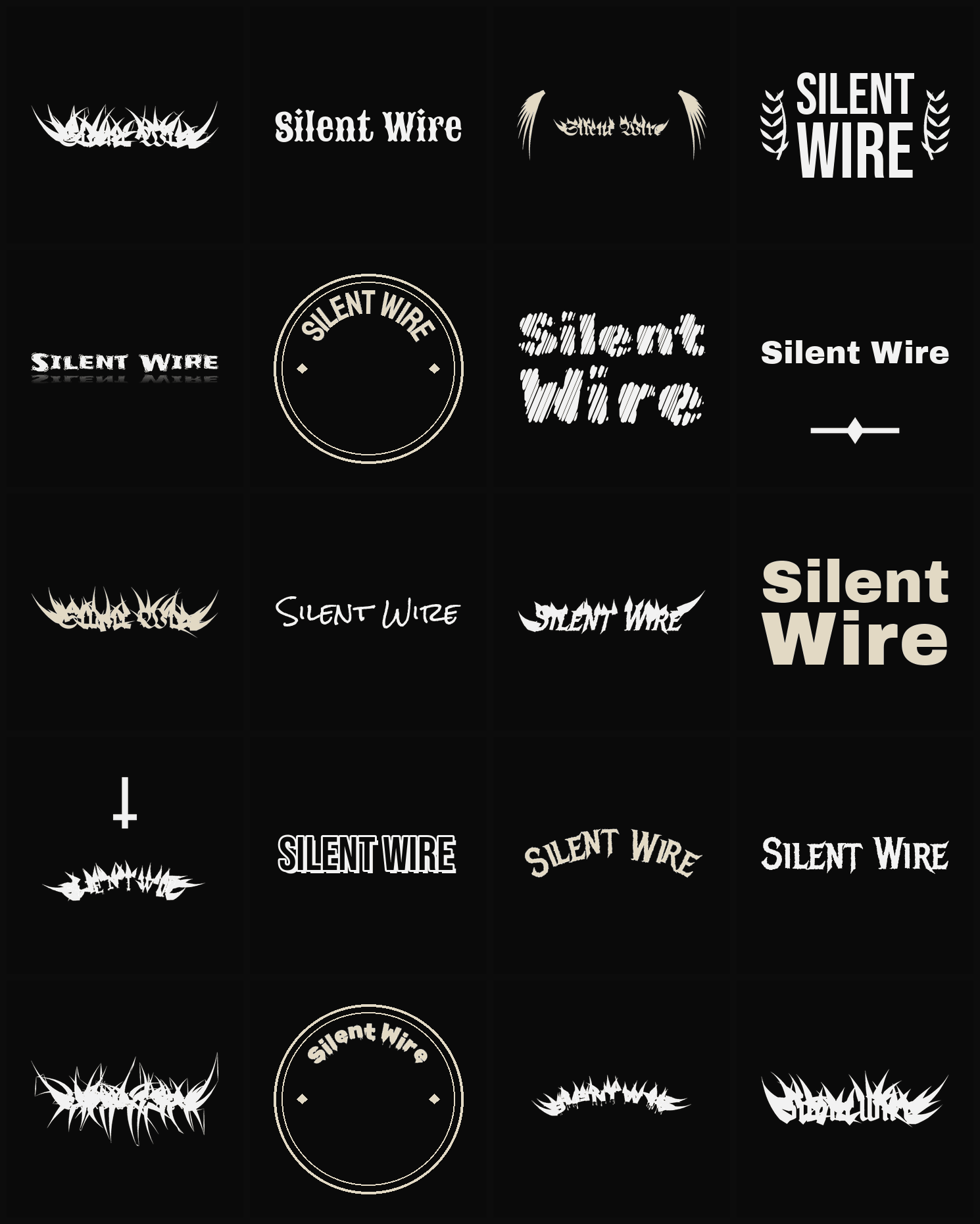 Twenty Silent Wire band logo ideas — different faces, treatments and spike settings
